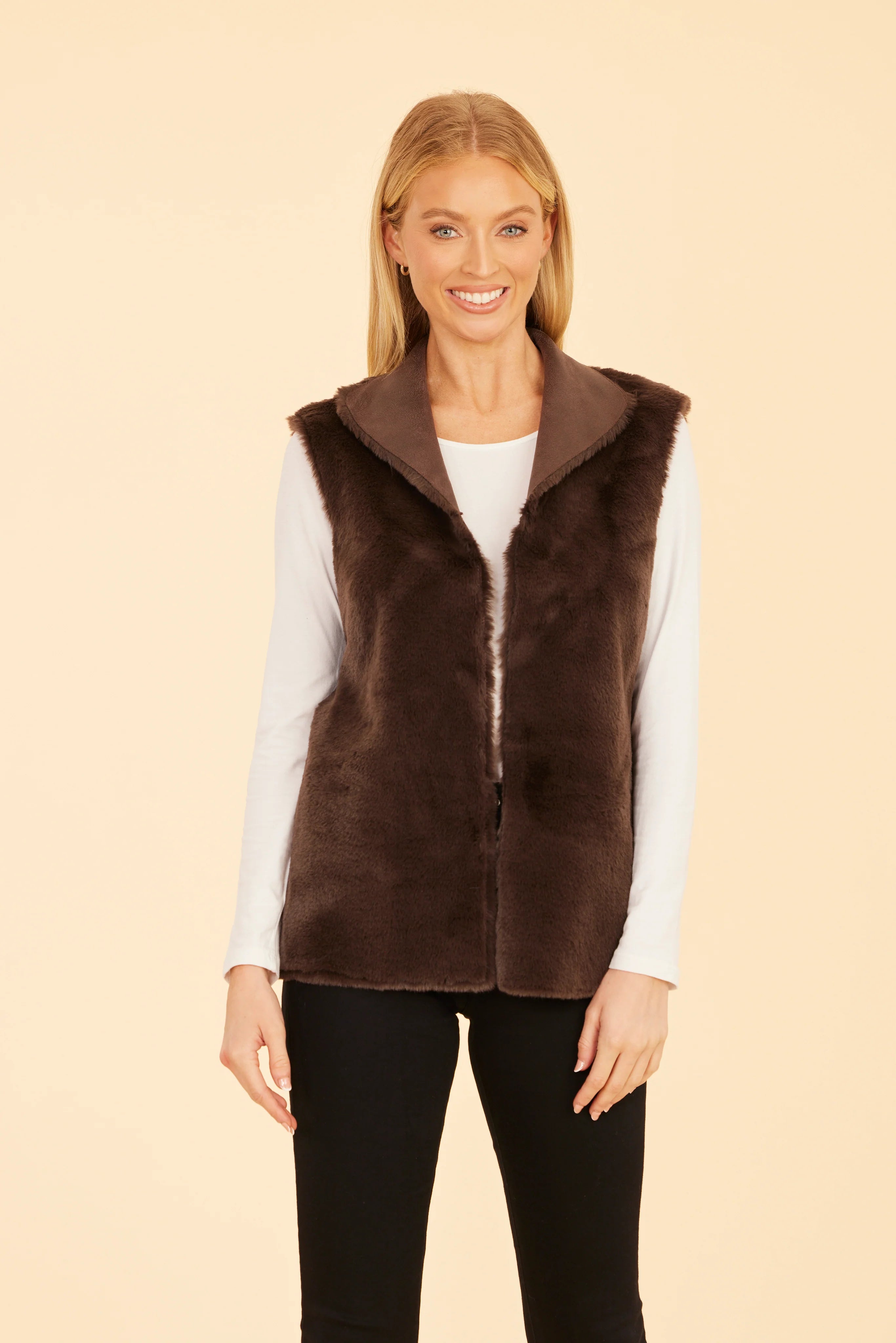 Faux Fur Reversible Vest- Brown