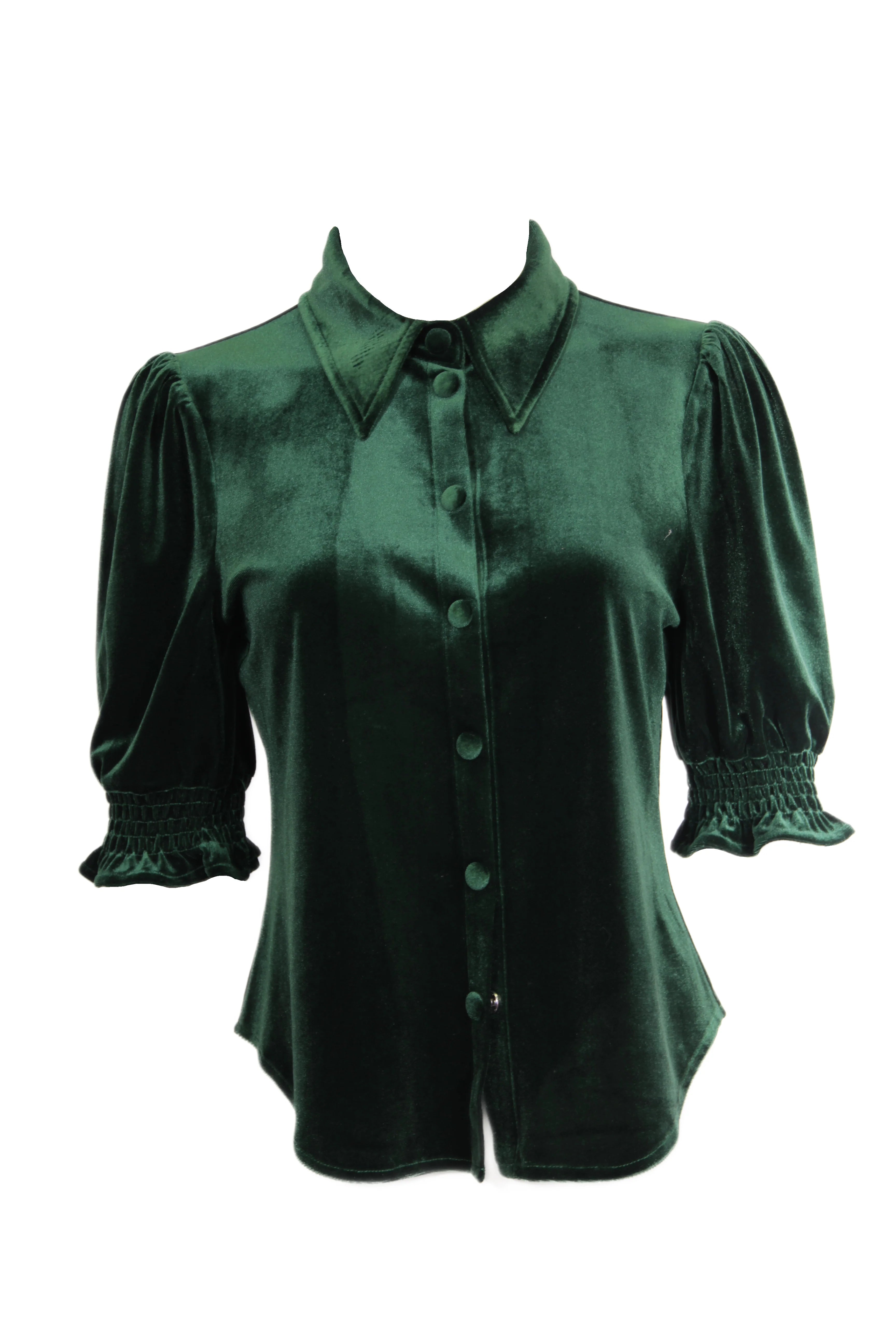 Velvet Smocked Sleeve Shirt- Deep Green