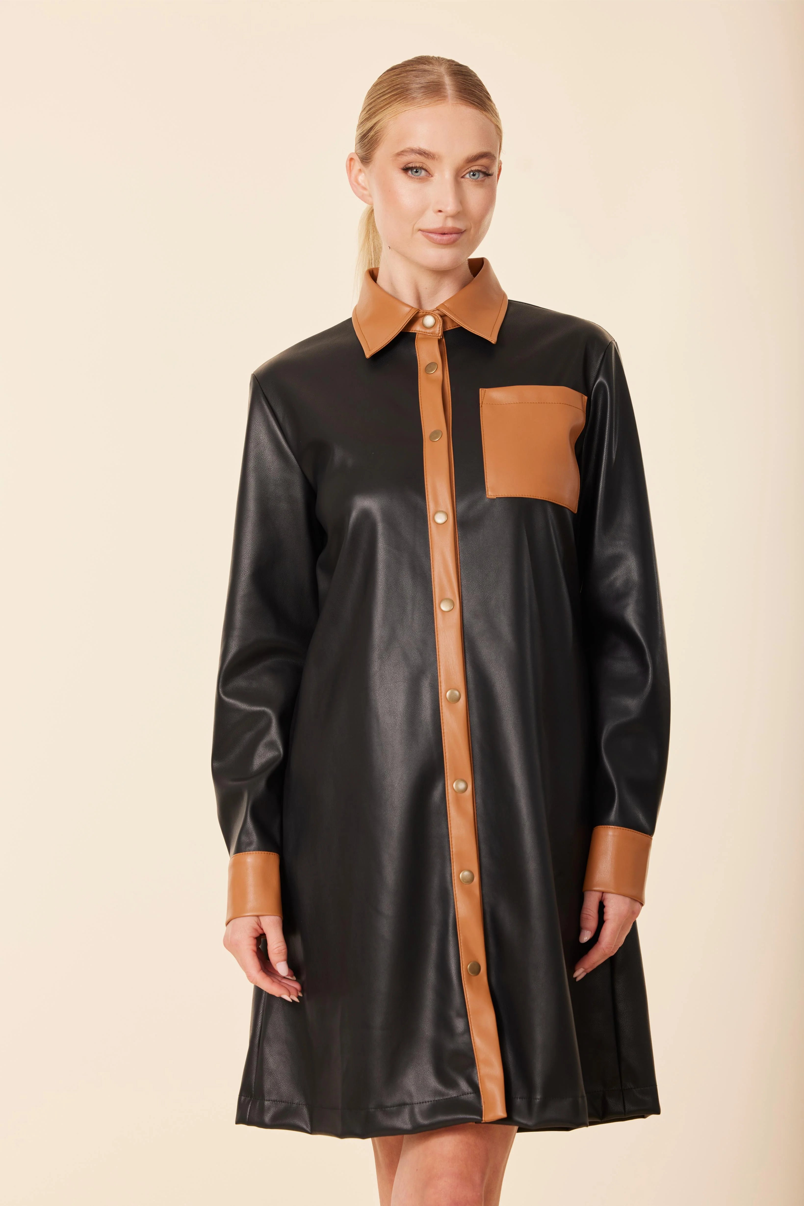 Vegan Long Sleeve Leather Dress - Black/Brown