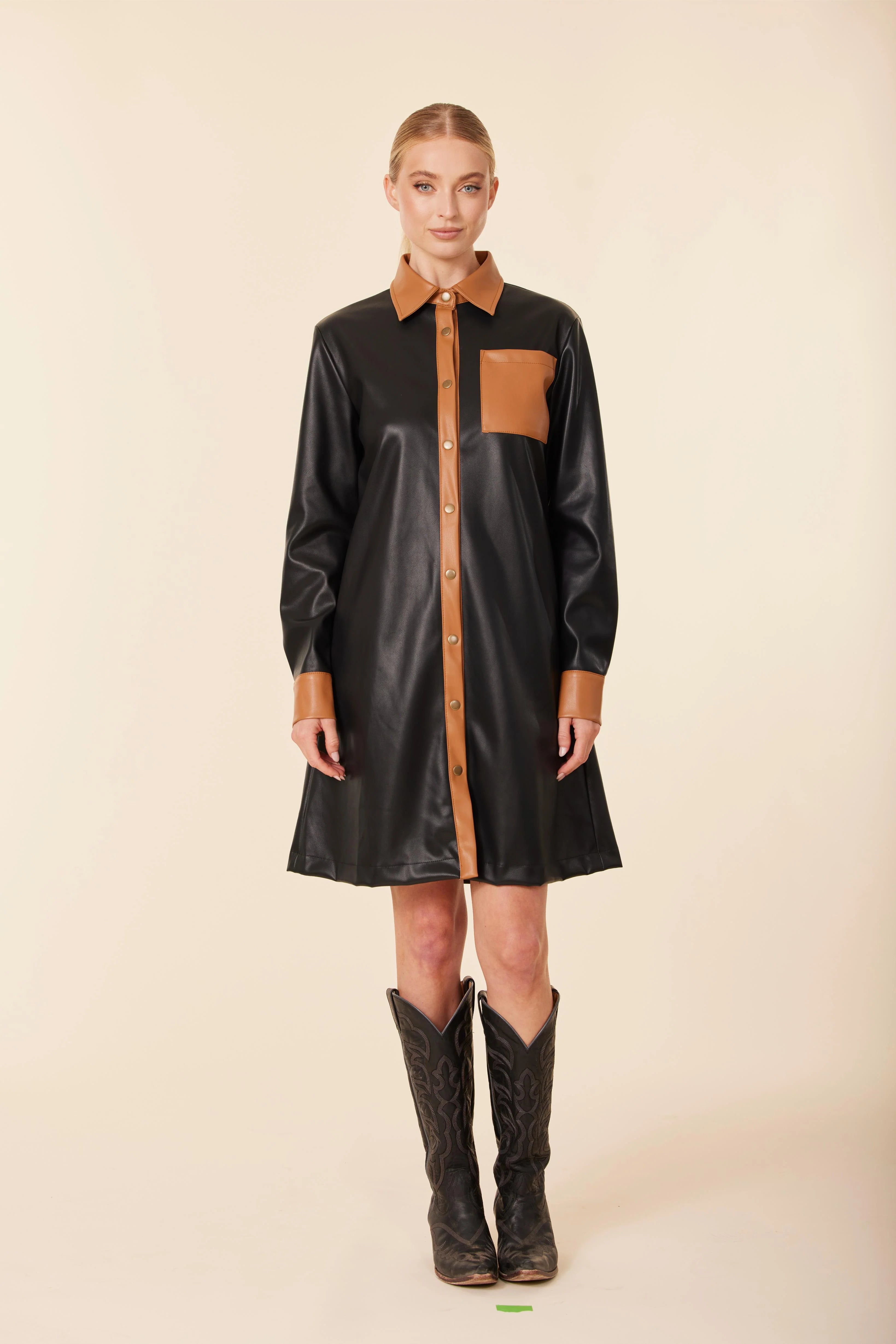 Vegan Long Sleeve Leather Dress - Black/Brown