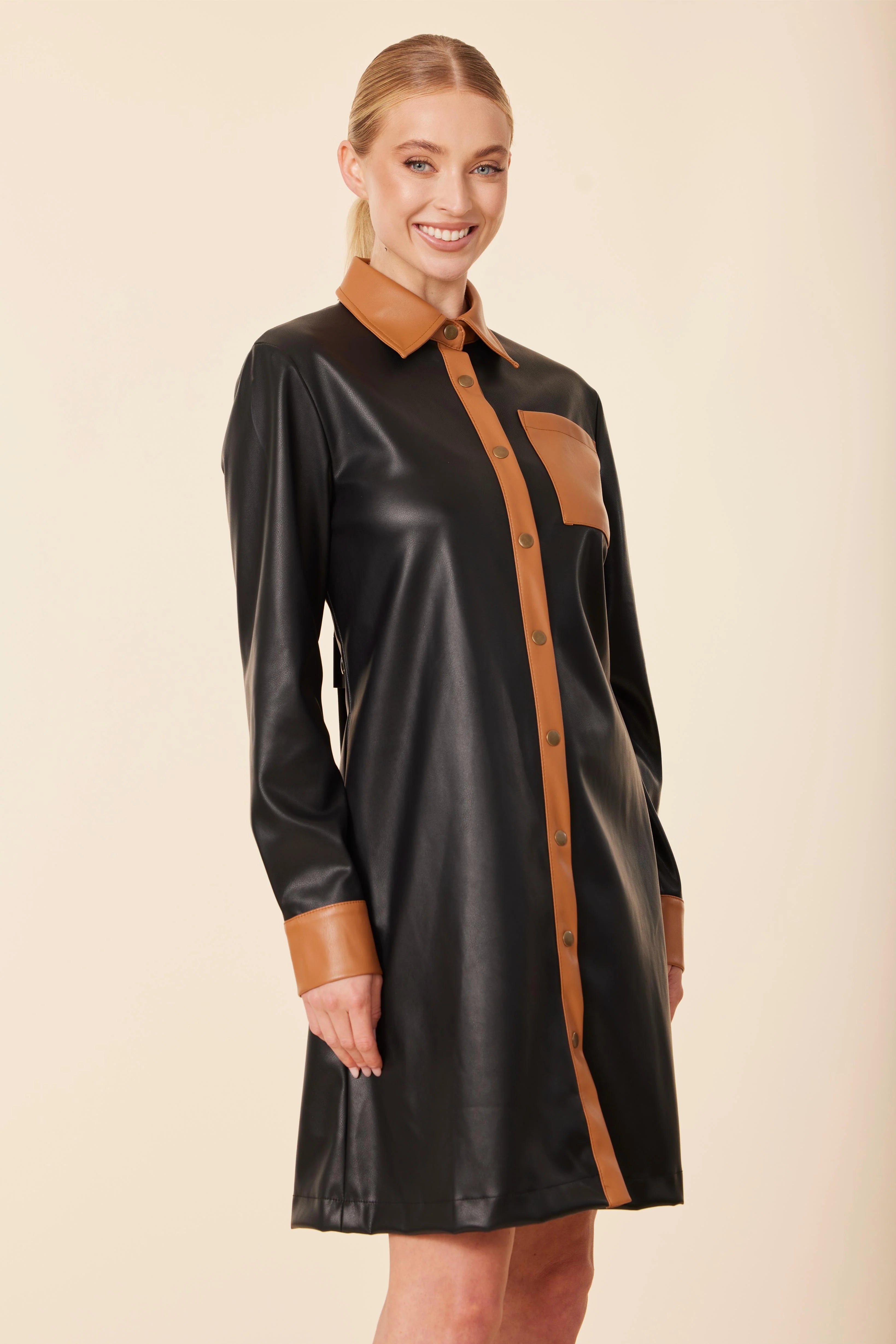 Vegan Long Sleeve Leather Dress - Black/Brown