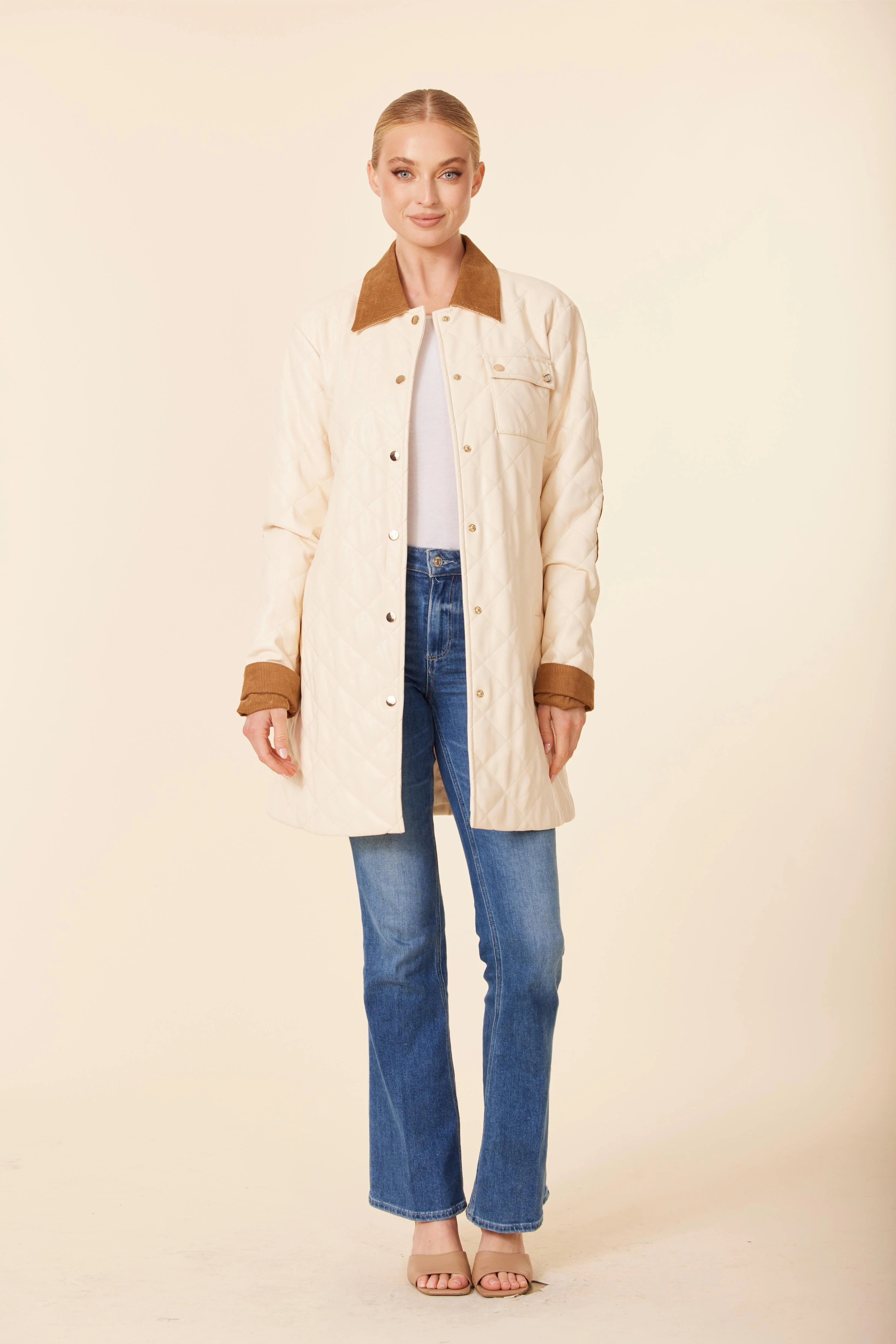 Vegan Leather Quilted Cordoroy Dress/Jacket - Cream