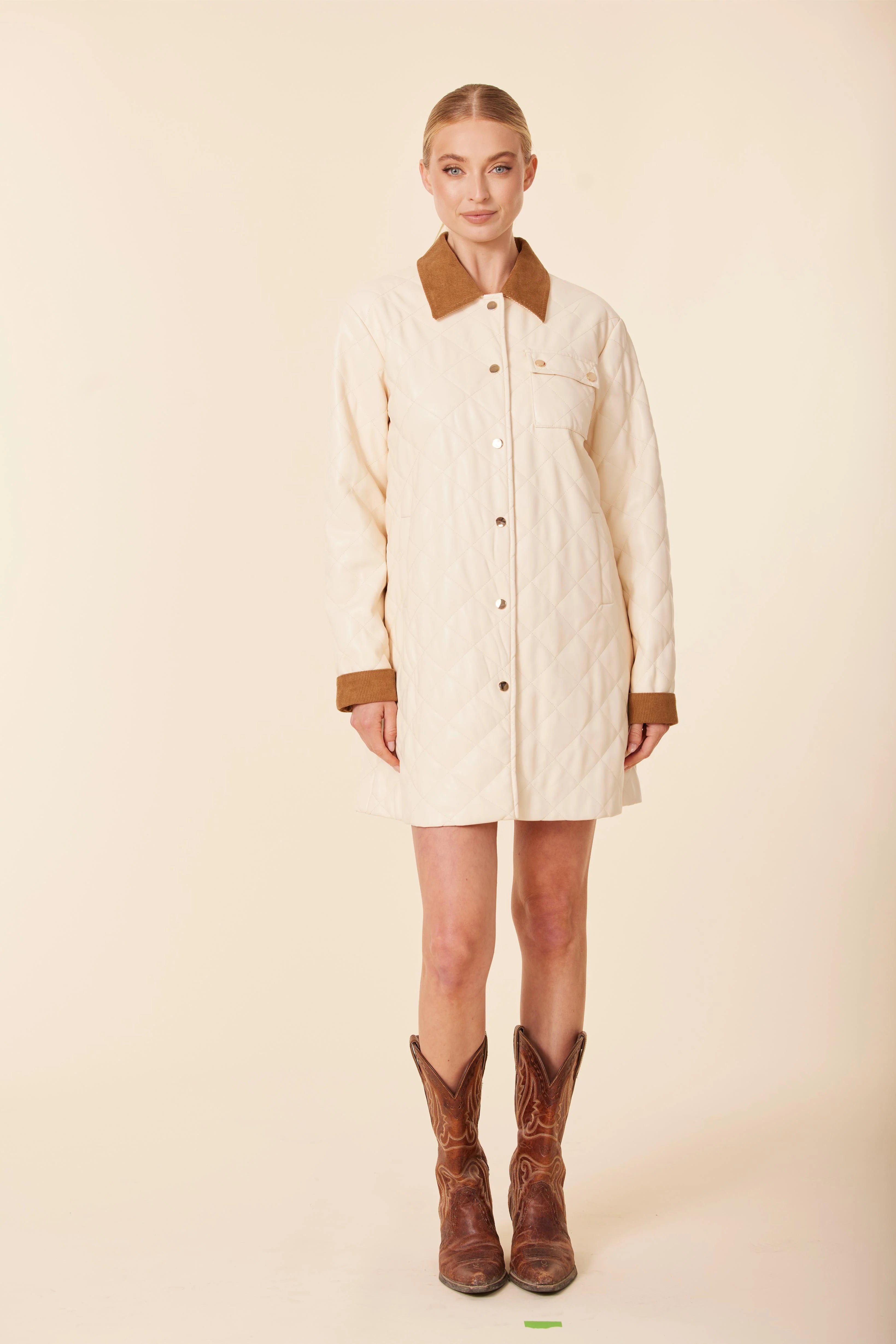 Vegan Leather Quilted Cordoroy Dress/Jacket - Cream