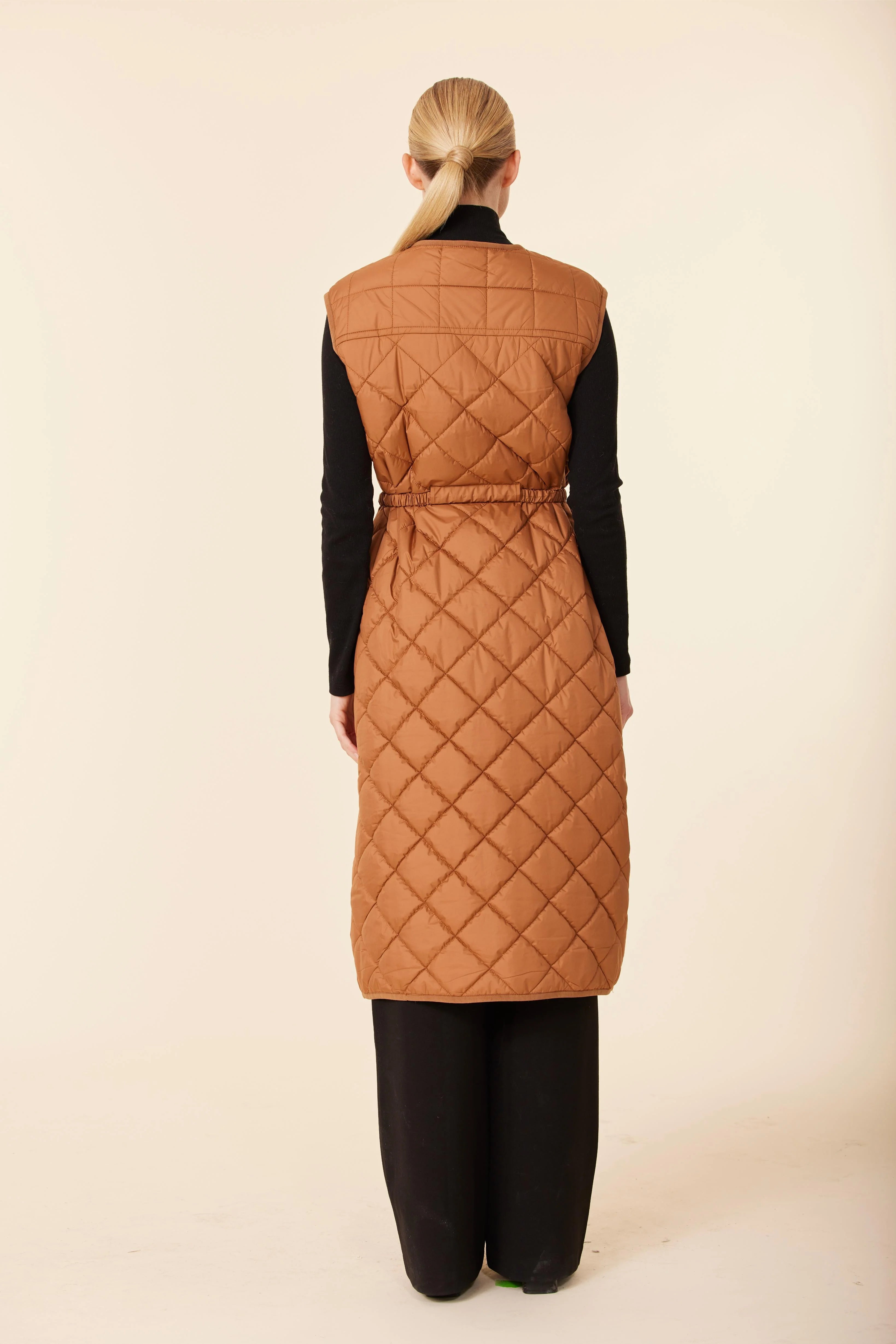 Quilted Nylon Long Vest - Burnt Orange