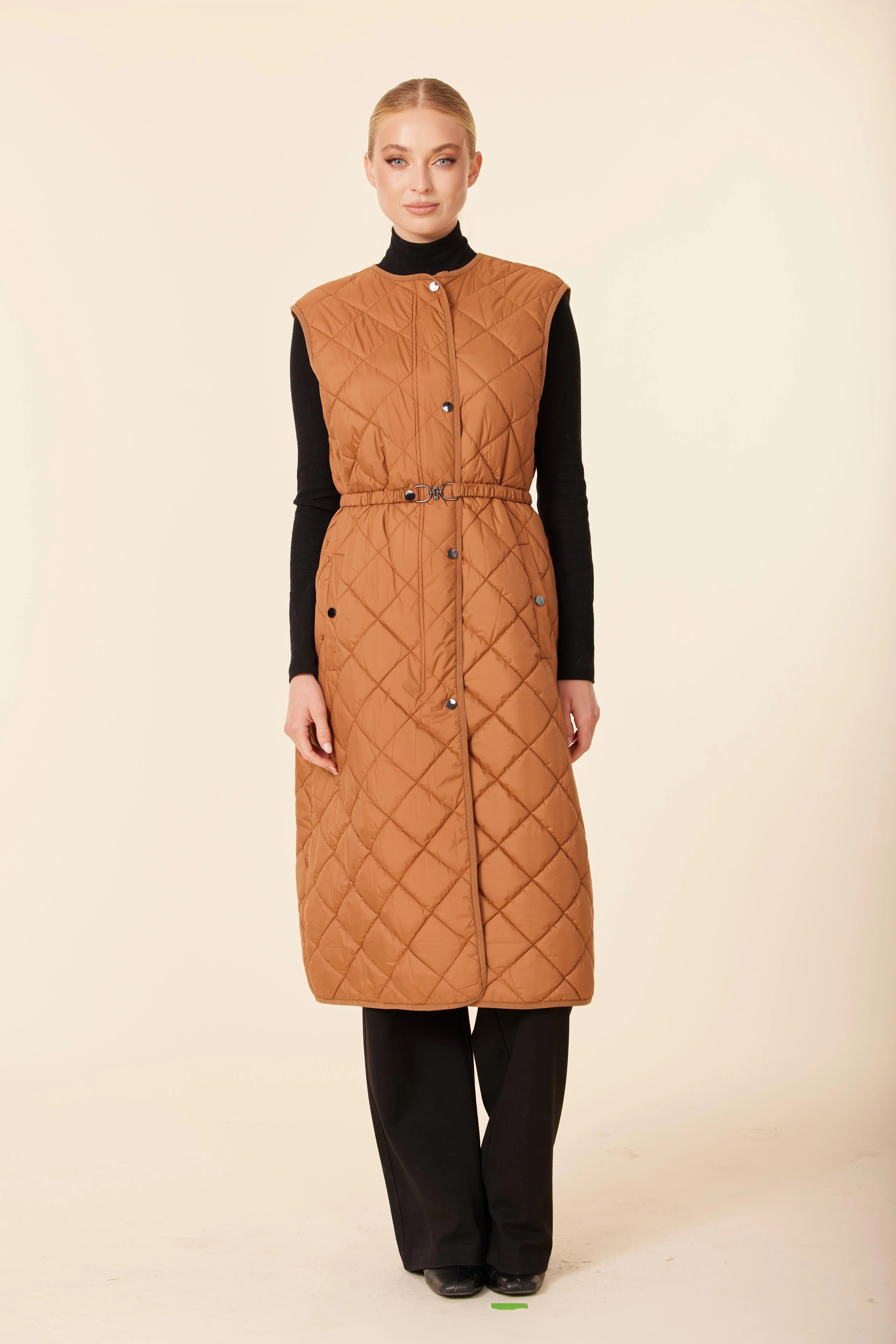 Quilted Nylon Long Vest - Burnt Orange