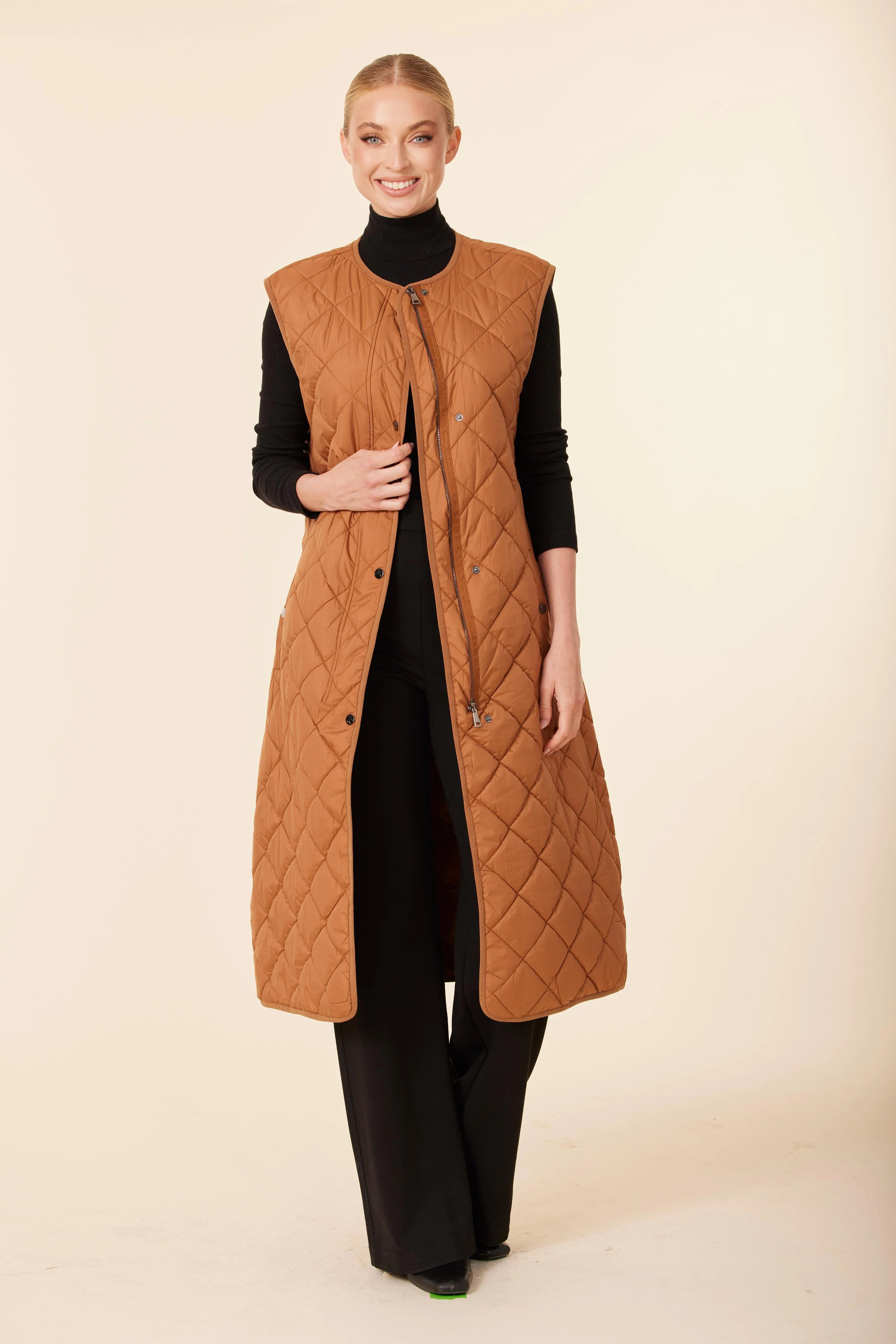 Quilted Nylon Long Vest - Burnt Orange