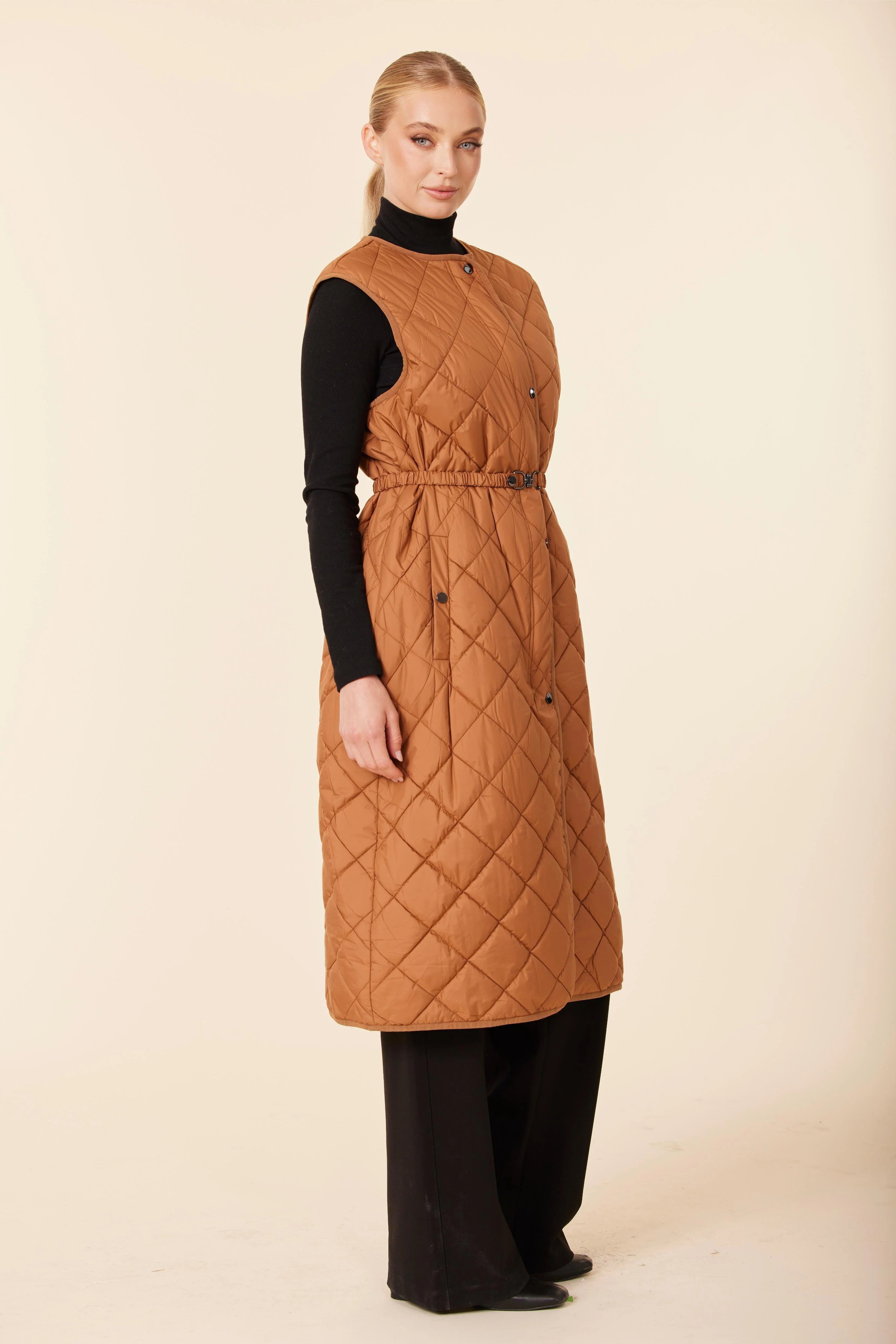 Quilted Nylon Long Vest - Burnt Orange