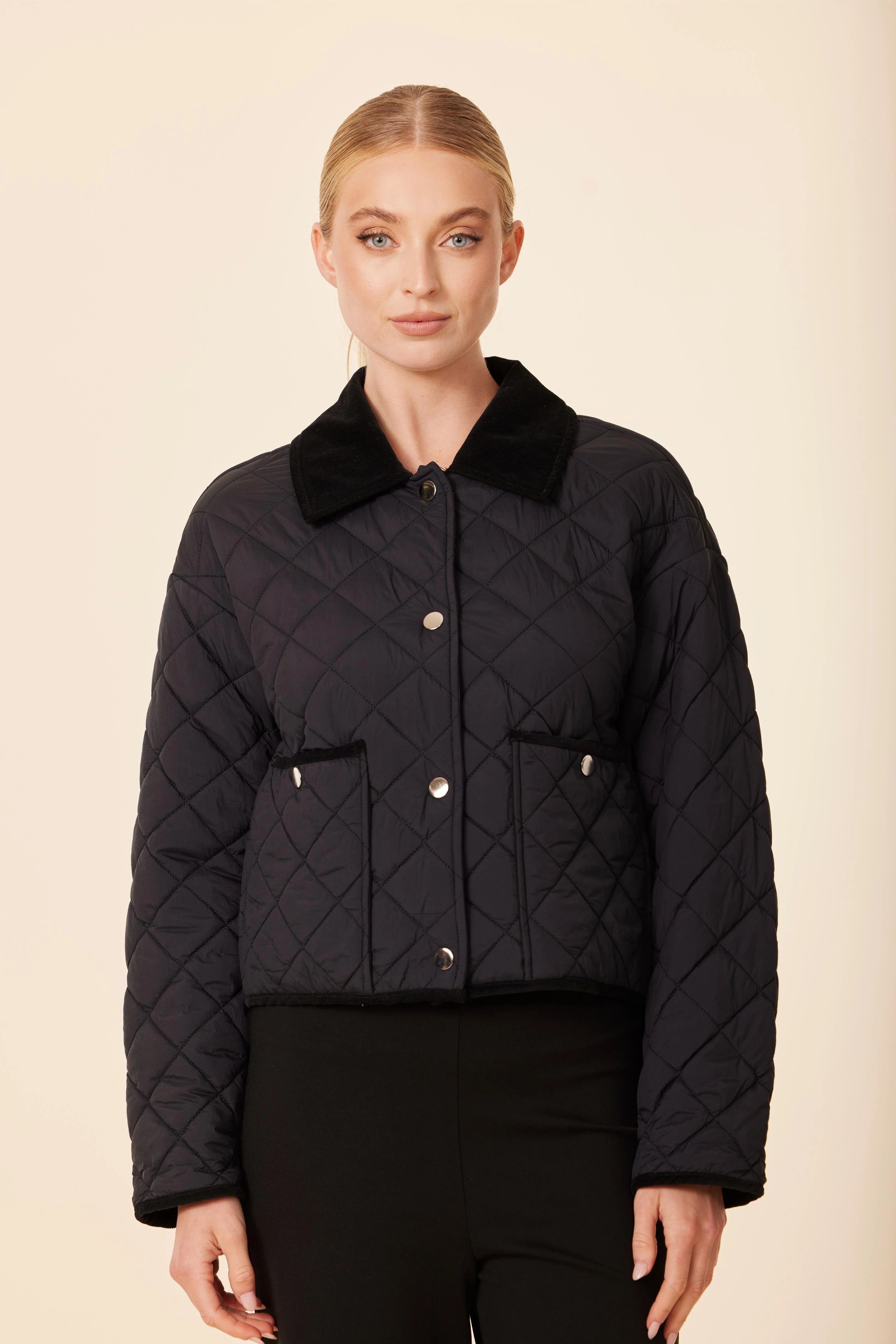 Velvet Collar Quilt Jacket - Black