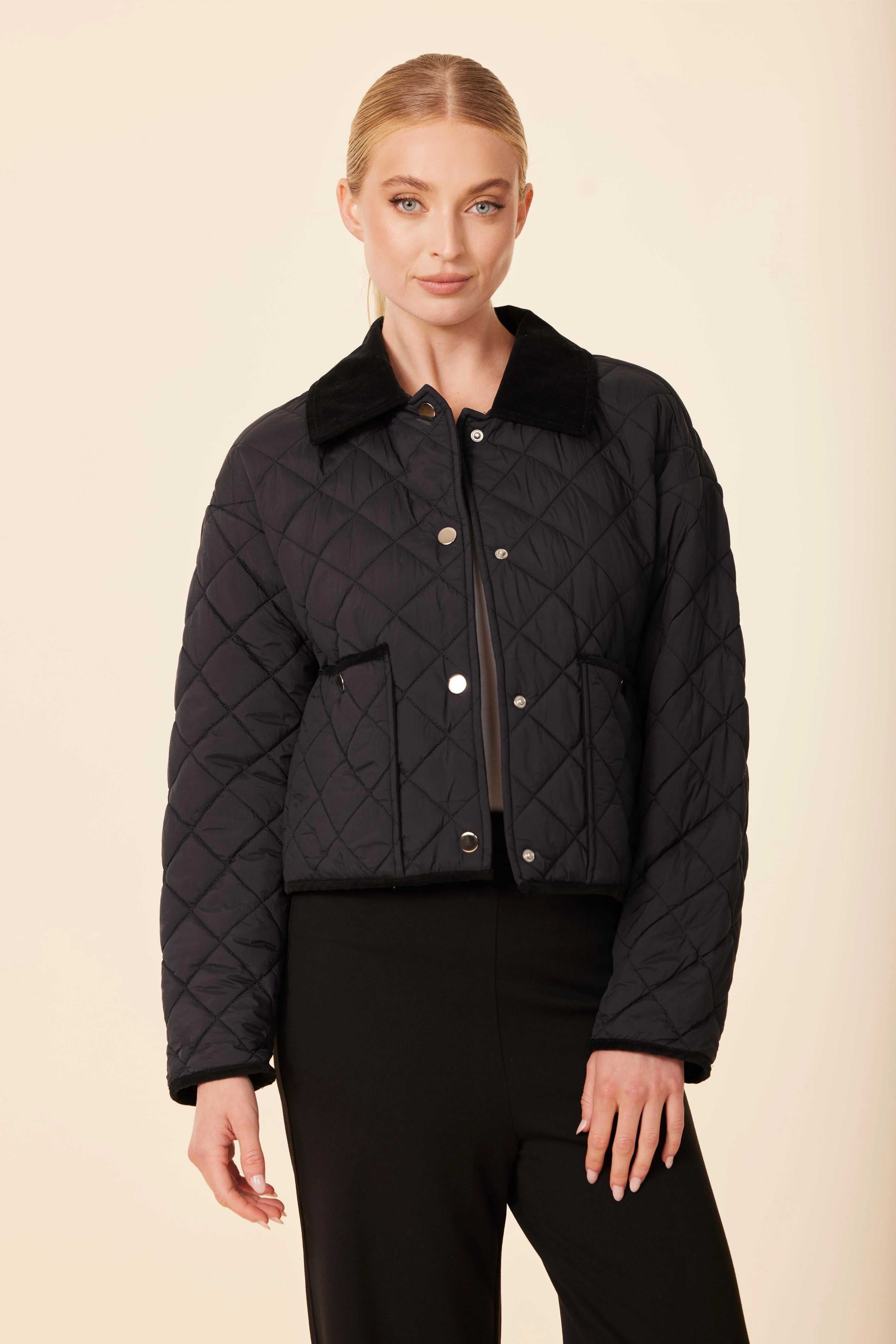 Velvet Collar Quilt Jacket - Black