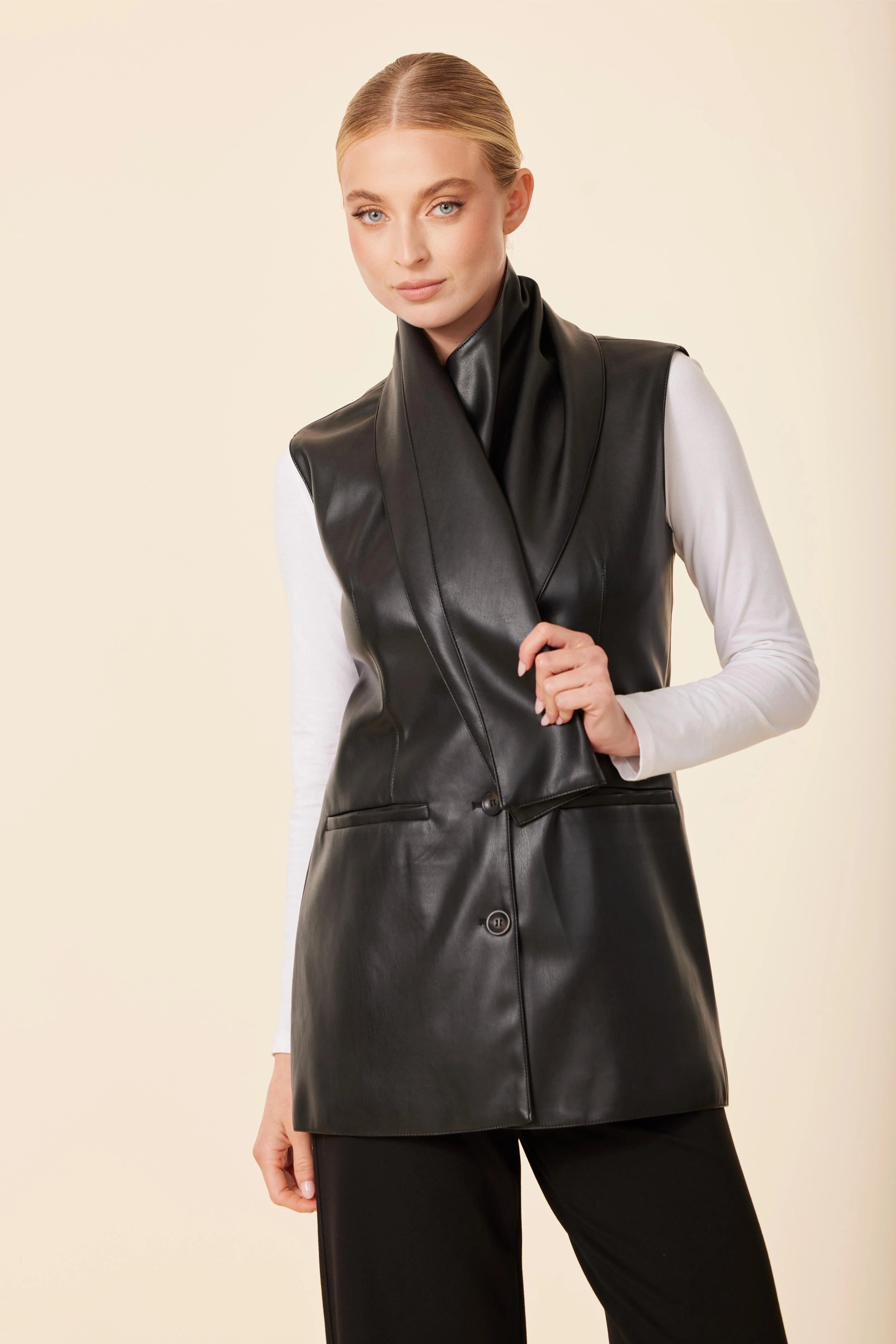 Vegan Leather Drape Vest - Black