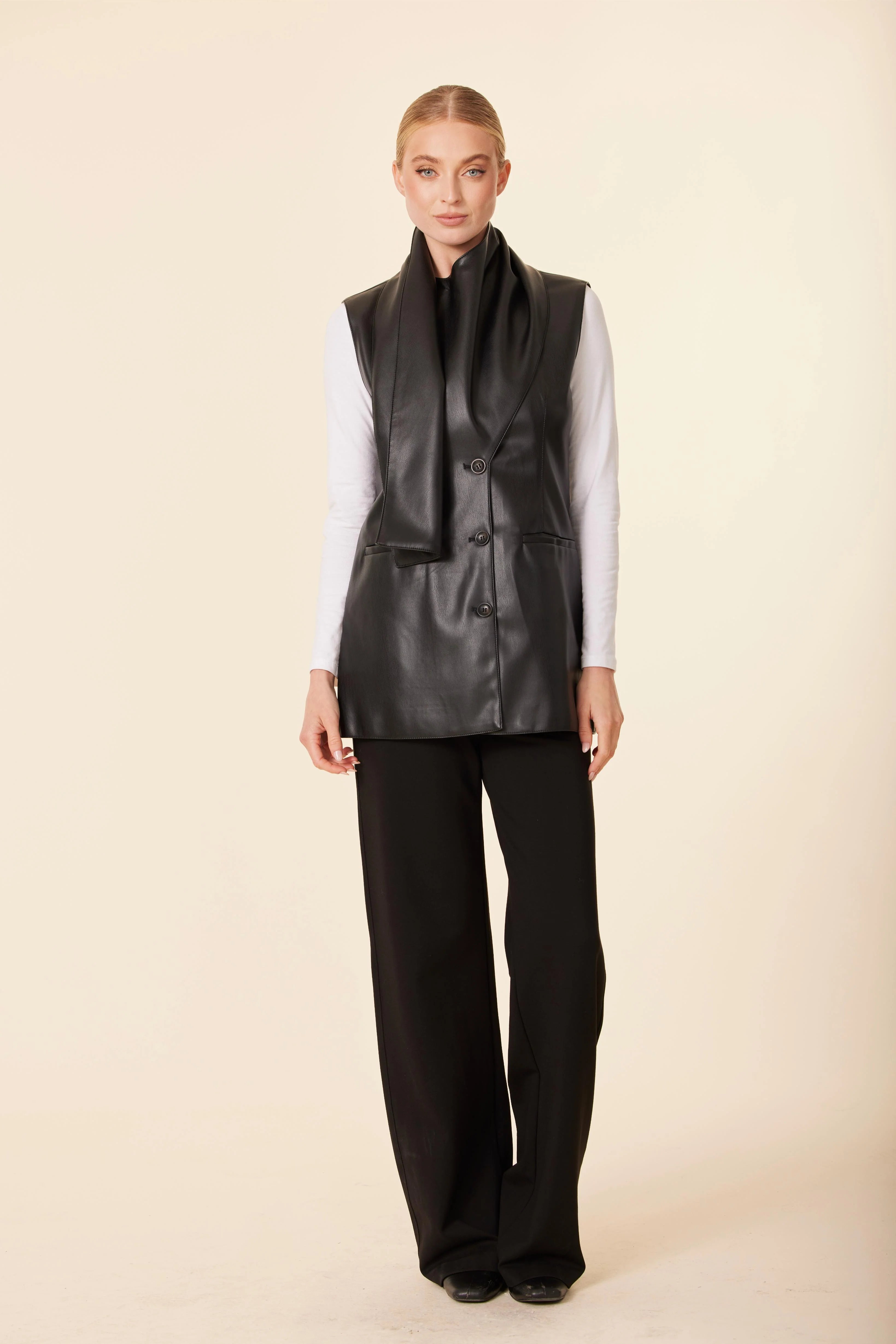 Vegan Leather Drape Vest - Black