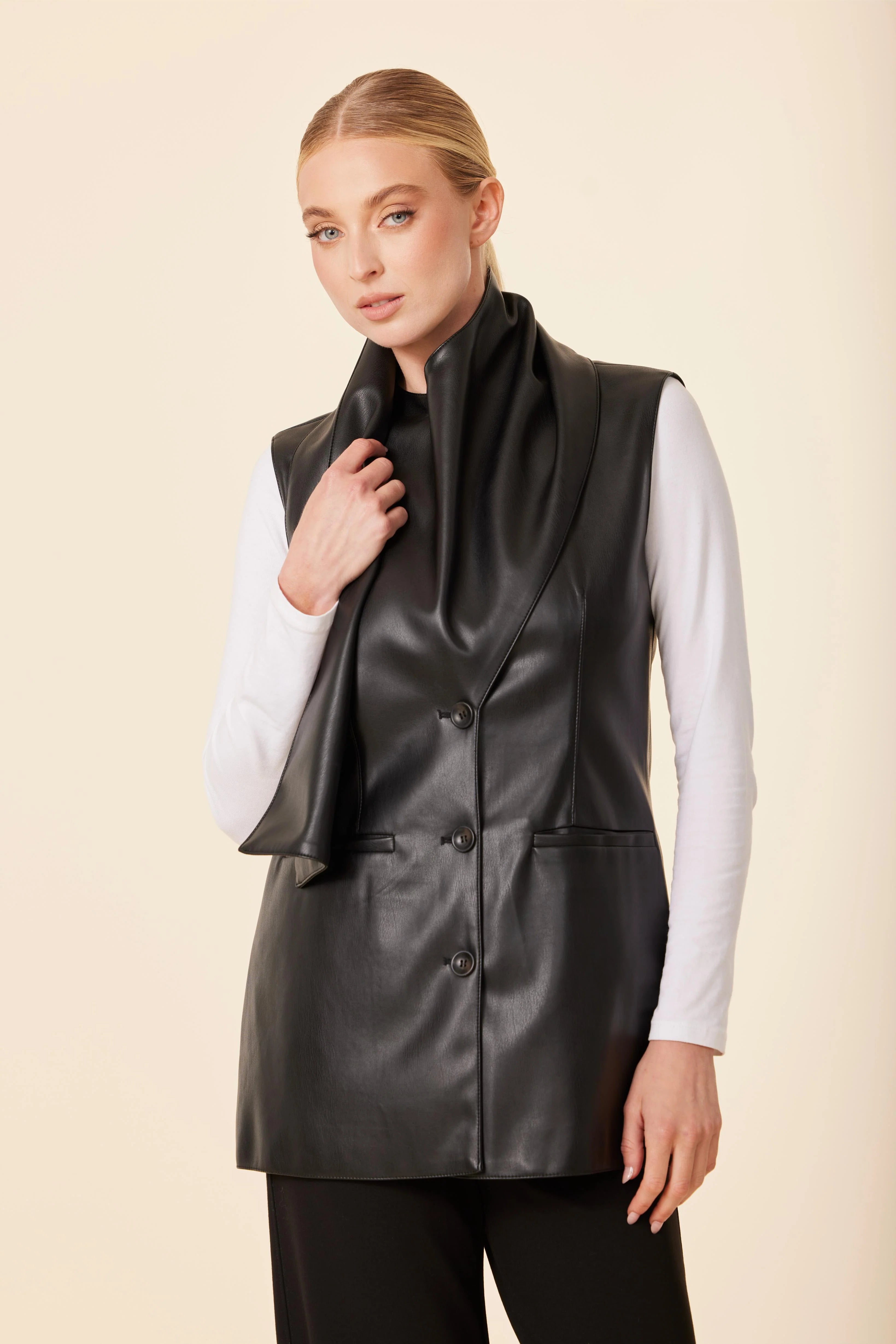 Vegan Leather Drape Vest - Black