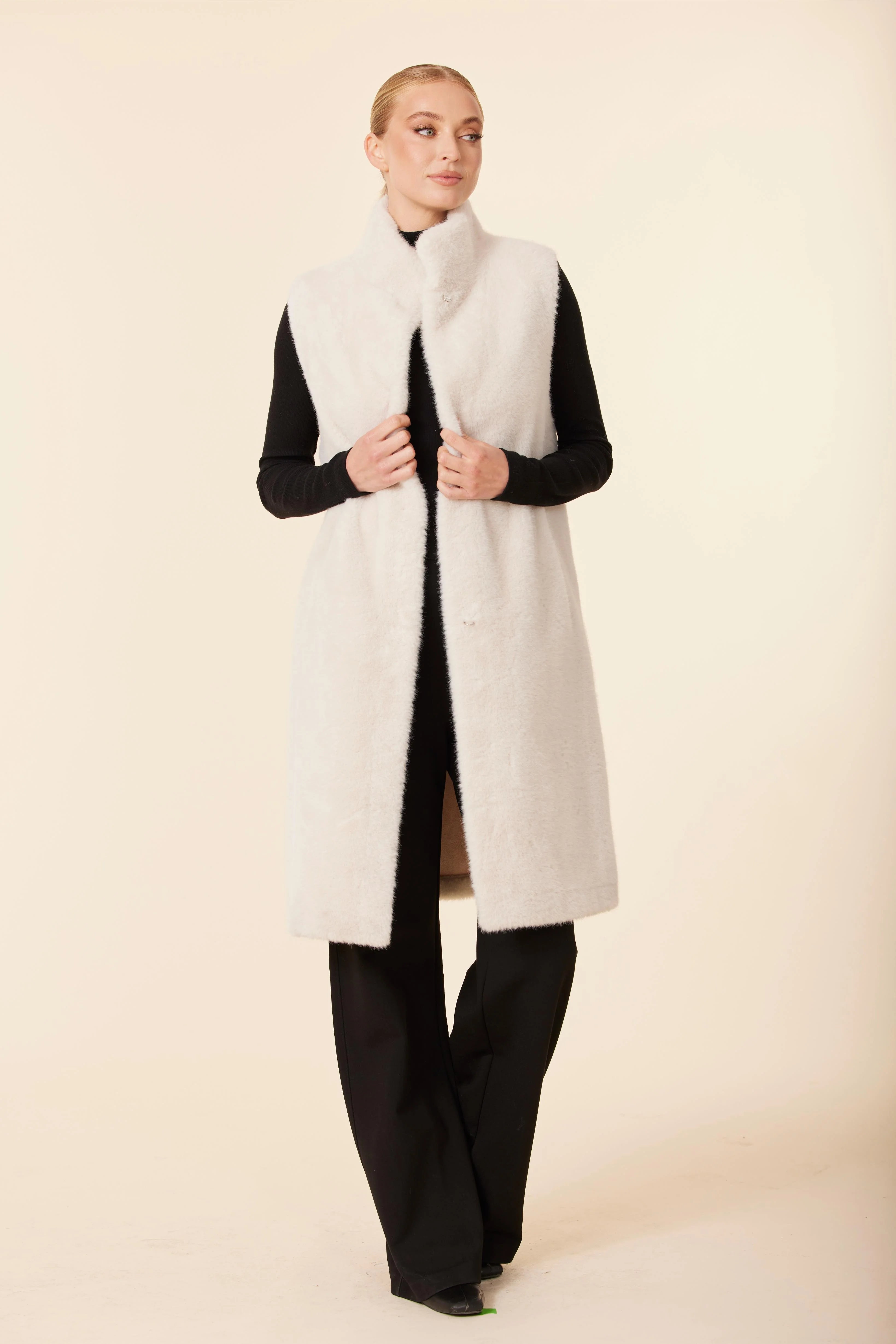 Faux Fur Long Vest - Creame