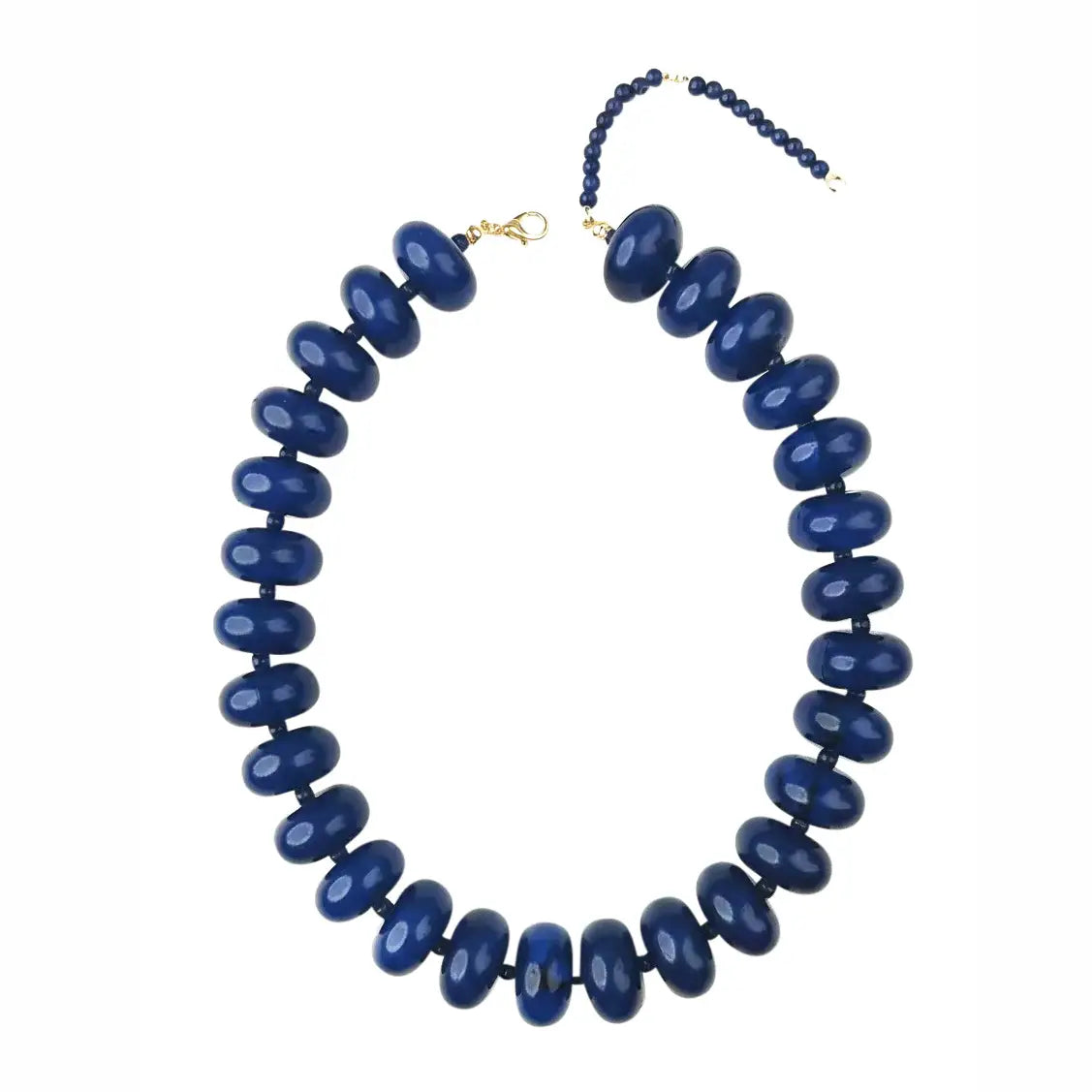 navy chunky beaded necklace with gold clasp on white background