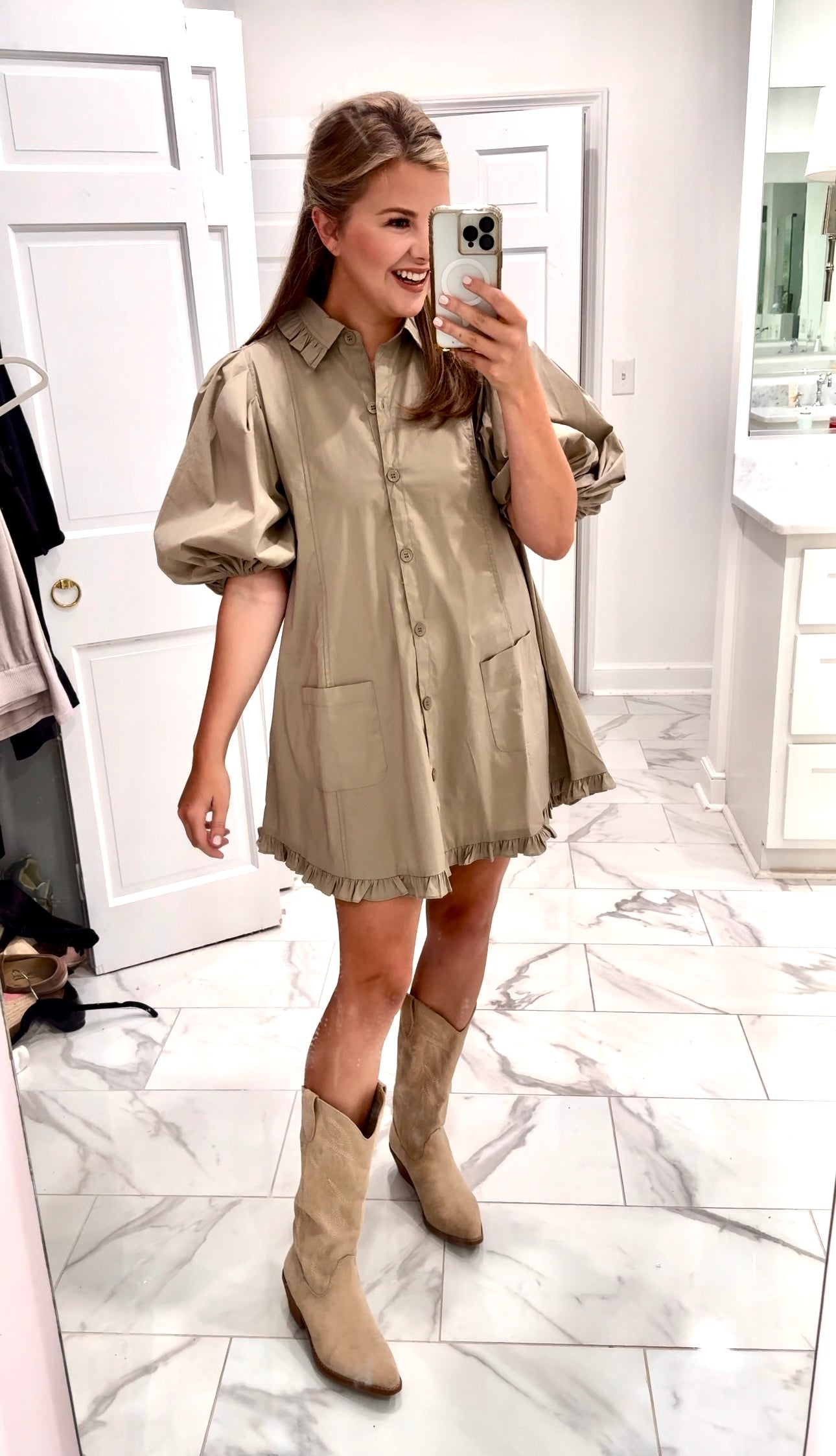 Solid Puff Sleeve Ruffle Pocket Dress