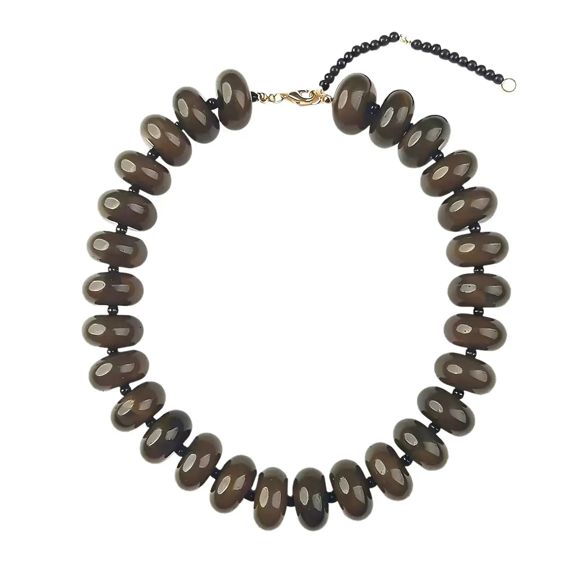 dark brown chunky beaded necklace with gold clasp on white background