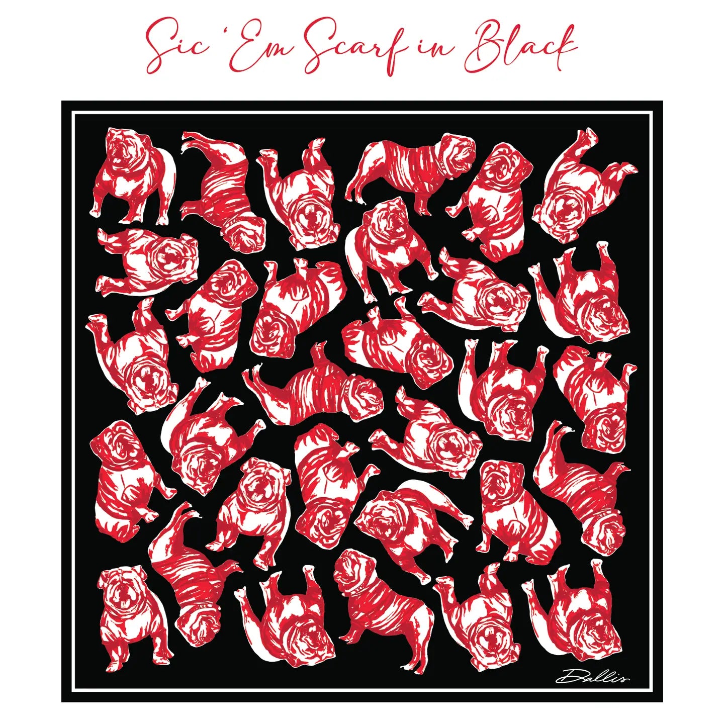 Black scarf with red bulldog pattern and 'Sic Em Scarf in Black' text.
