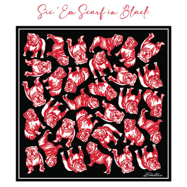 Black scarf with red bulldog pattern and 'Sic Em Scarf in Black' text.