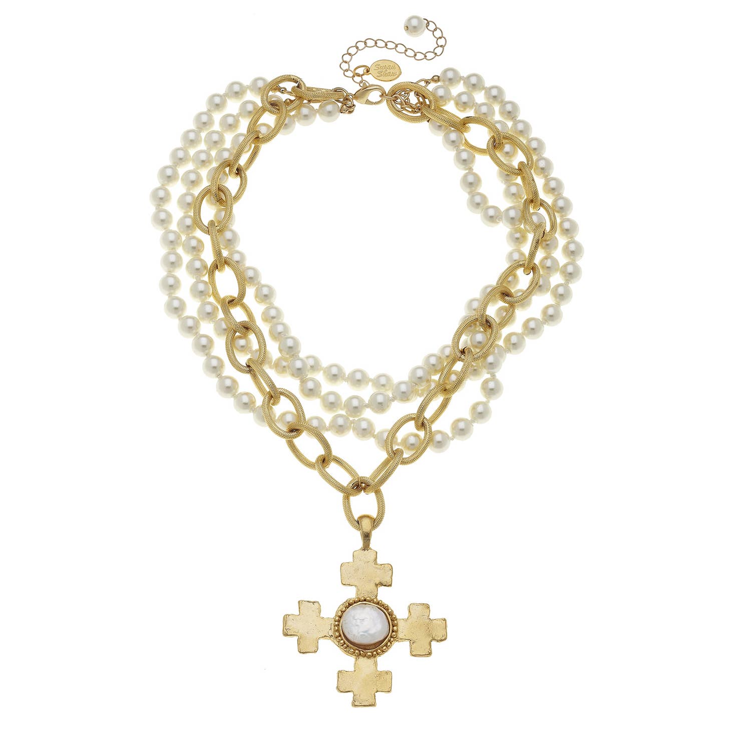 Shell Pearl Necklace W/ Gold Cross Pendant