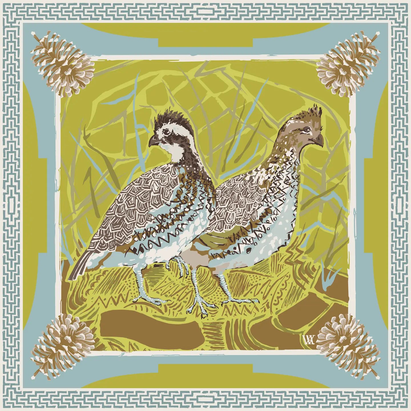 Chartreuse Quail Pair Silk Scarf