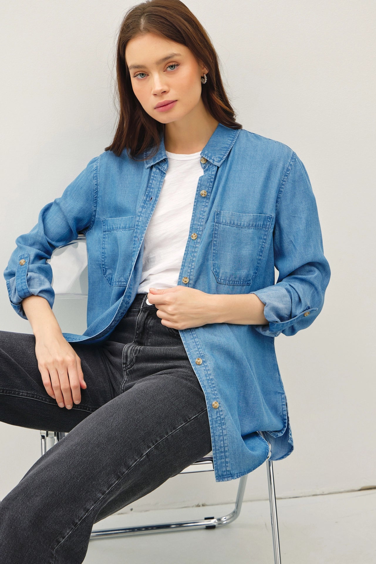 Denim Tencel Button Up Oversized Shirt - Medium Wash