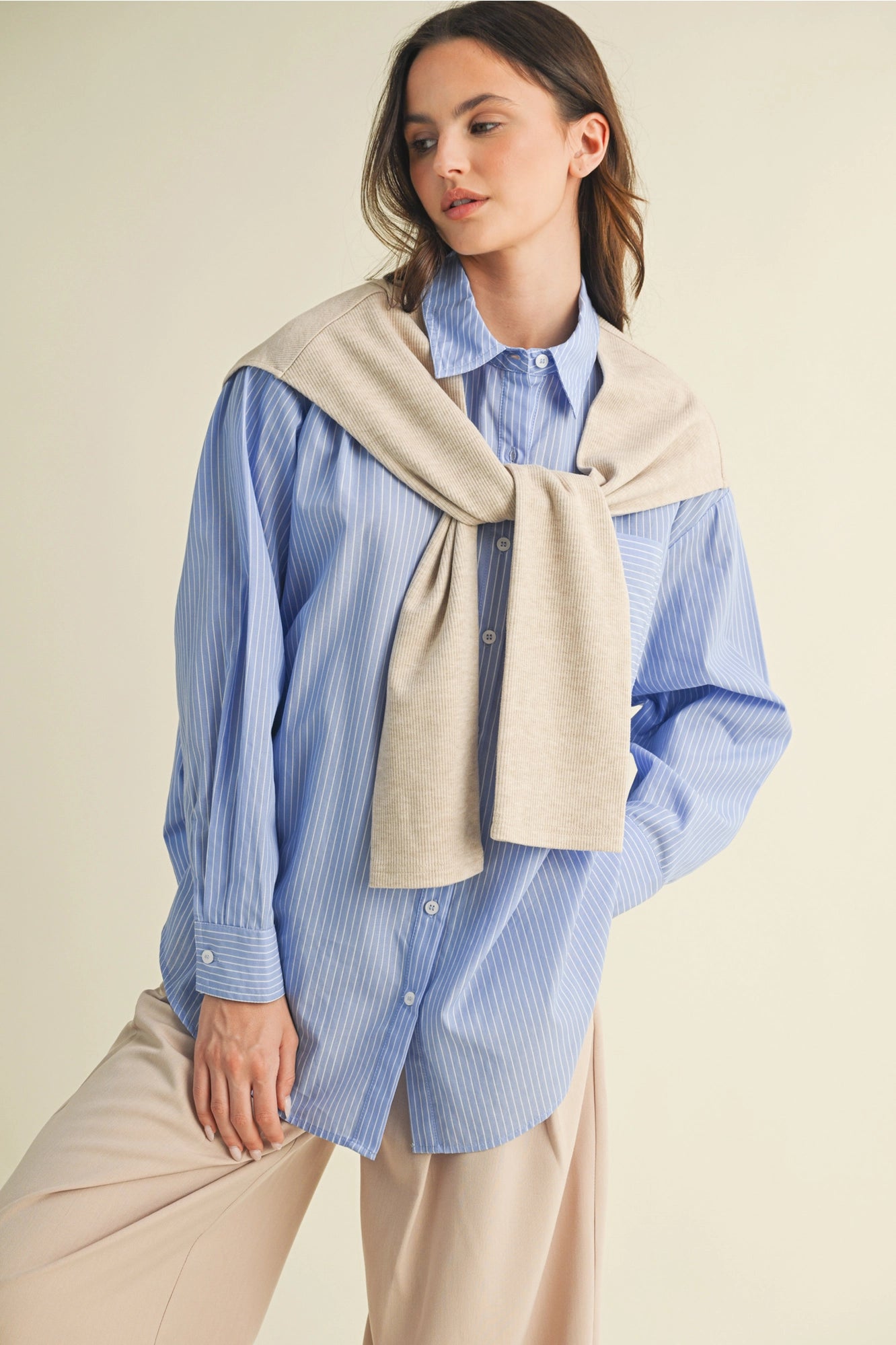 Striped Shrit with Layered Knit Sleeve Top - Chambray