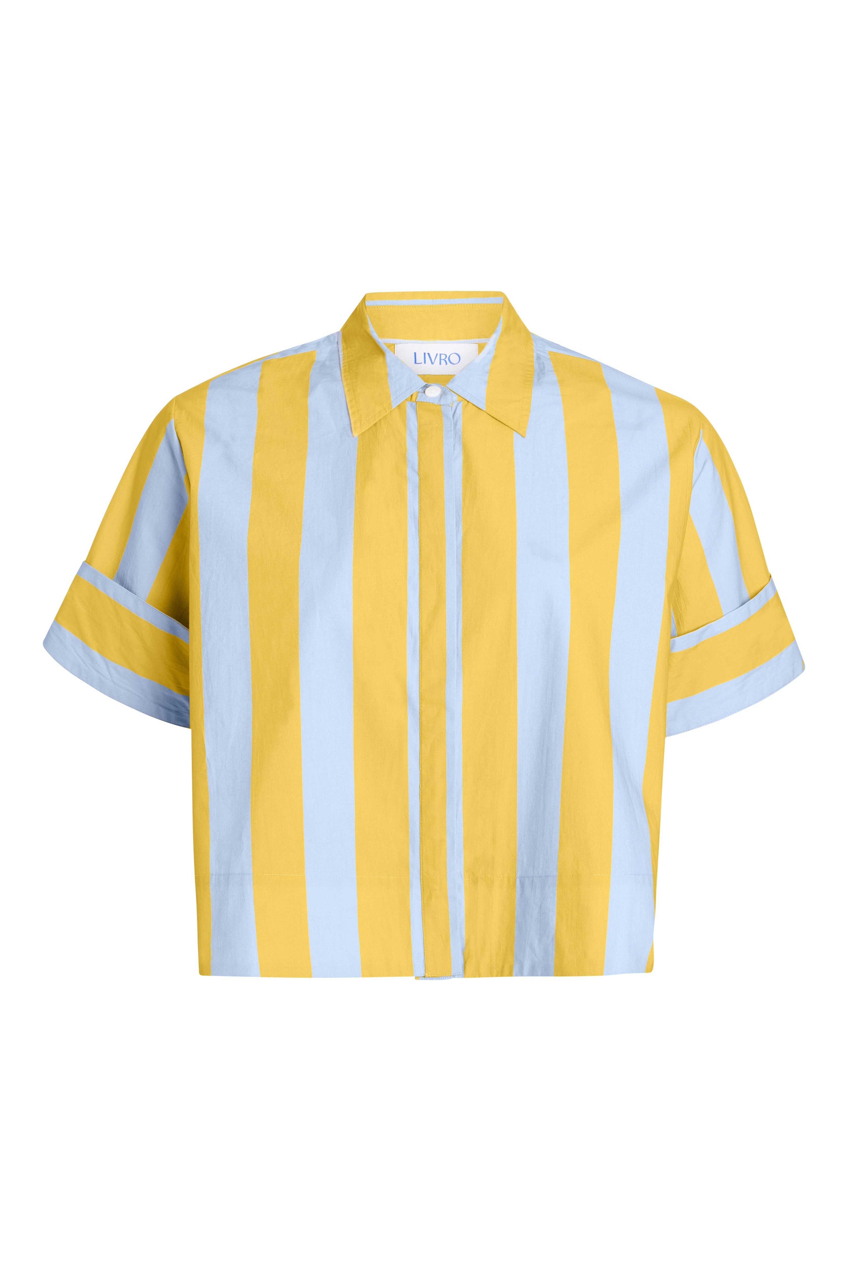 Short sleeve collared button down shirt in yellow and gray/blue stripe on white background