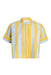 Short sleeve collared button down shirt in yellow and gray/blue stripe on white background