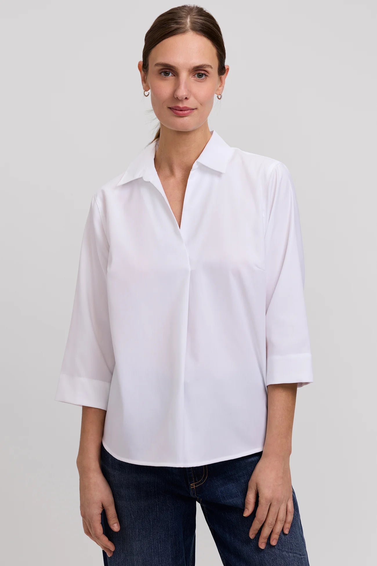 Cleo Cotton Twill 3/4 Sleeve Popover Shirt - White