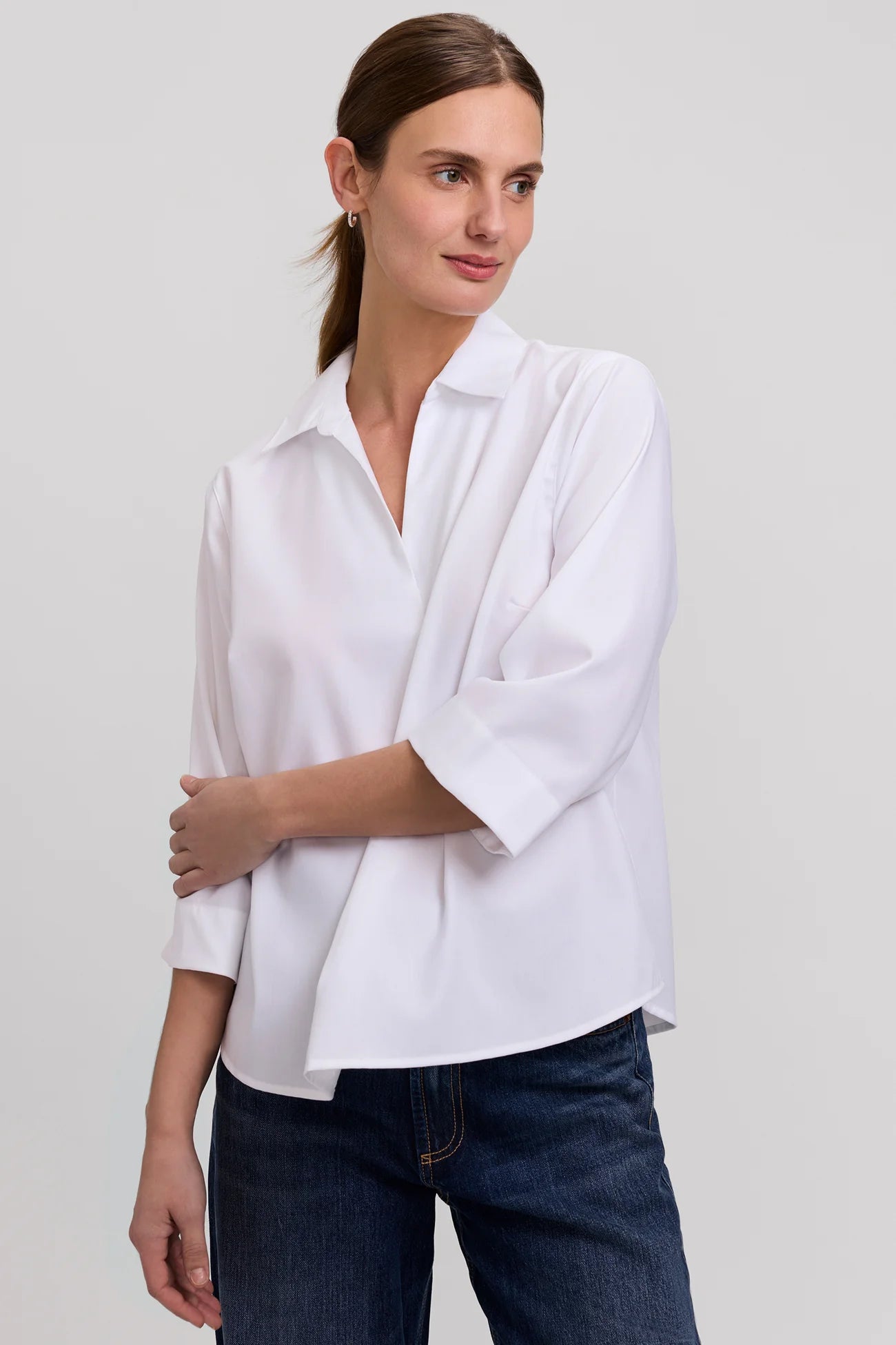 Cleo Cotton Twill 3/4 Sleeve Popover Shirt - White