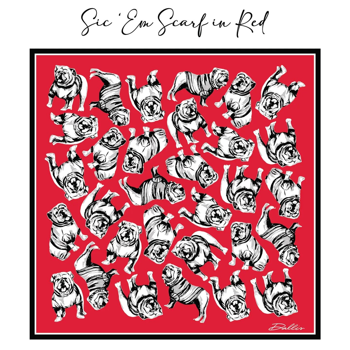 Red scarf with black and white bulldog pattern, brand 'Sic Em' visible