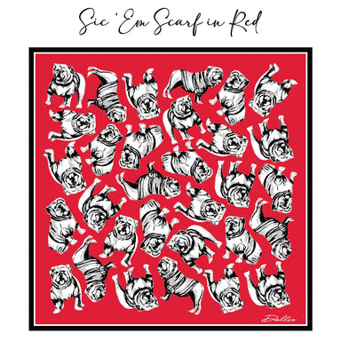 Red scarf with black and white bulldog pattern, brand 'Sic Em' visible