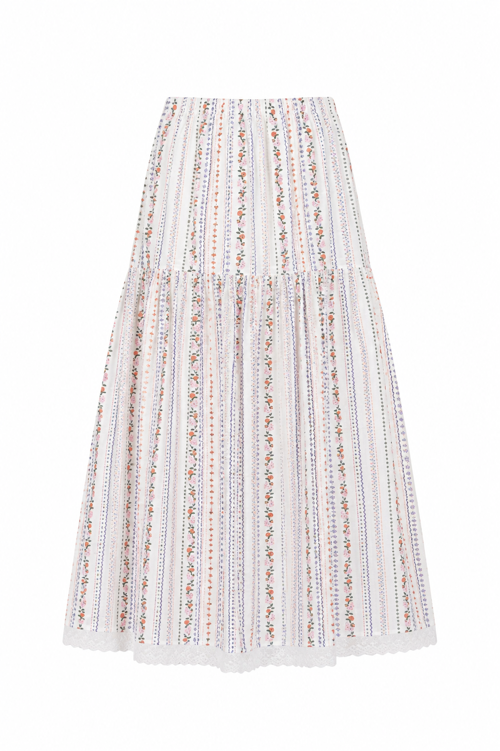 FLORAL STRIPE WOMEN'S MAXI SKIRT WITH WHITE LACE TRIM BOTTOM ON WHITE BACKGROUND