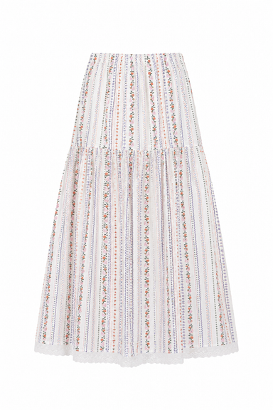 FLORAL STRIPE WOMEN'S MAXI SKIRT WITH WHITE LACE TRIM BOTTOM ON WHITE BACKGROUND