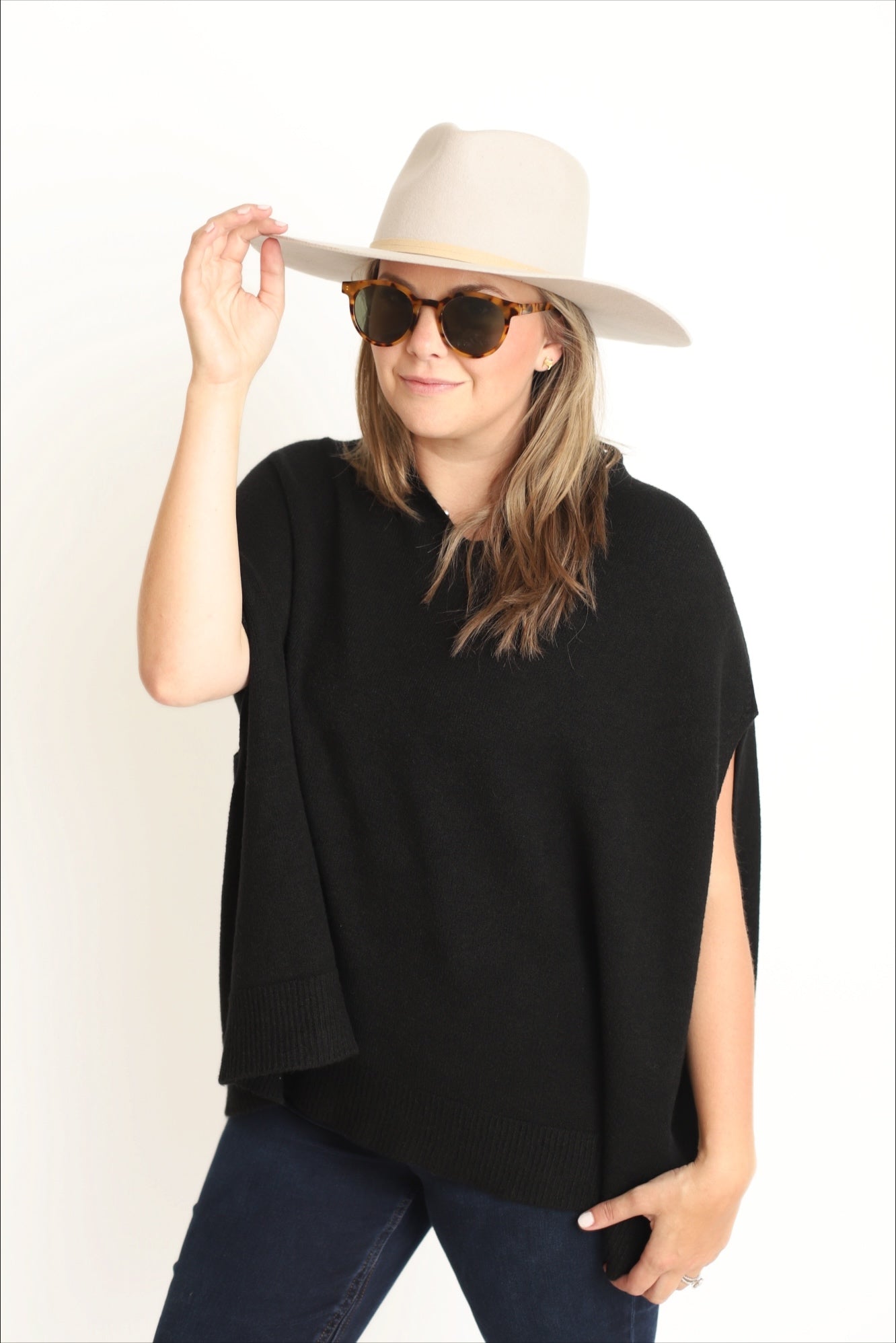 Italian Knit Oversized V-Neck Poncho Sweater - Black