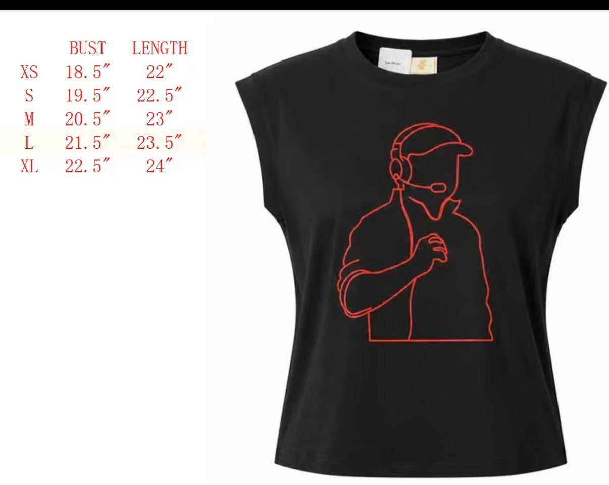 Black sleeveless t-shirt with a red line art graphic of a person wearing a headset, shown next to a size chart listing bust and length measurements for sizes XS through XL.