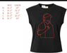 Black sleeveless t-shirt with a red line art graphic of a person wearing a headset, shown next to a size chart listing bust and length measurements for sizes XS through XL.