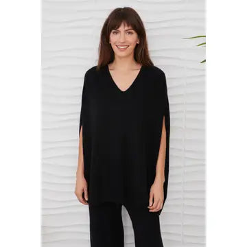 Italian Knit Oversized V-Neck Poncho Sweater - Black