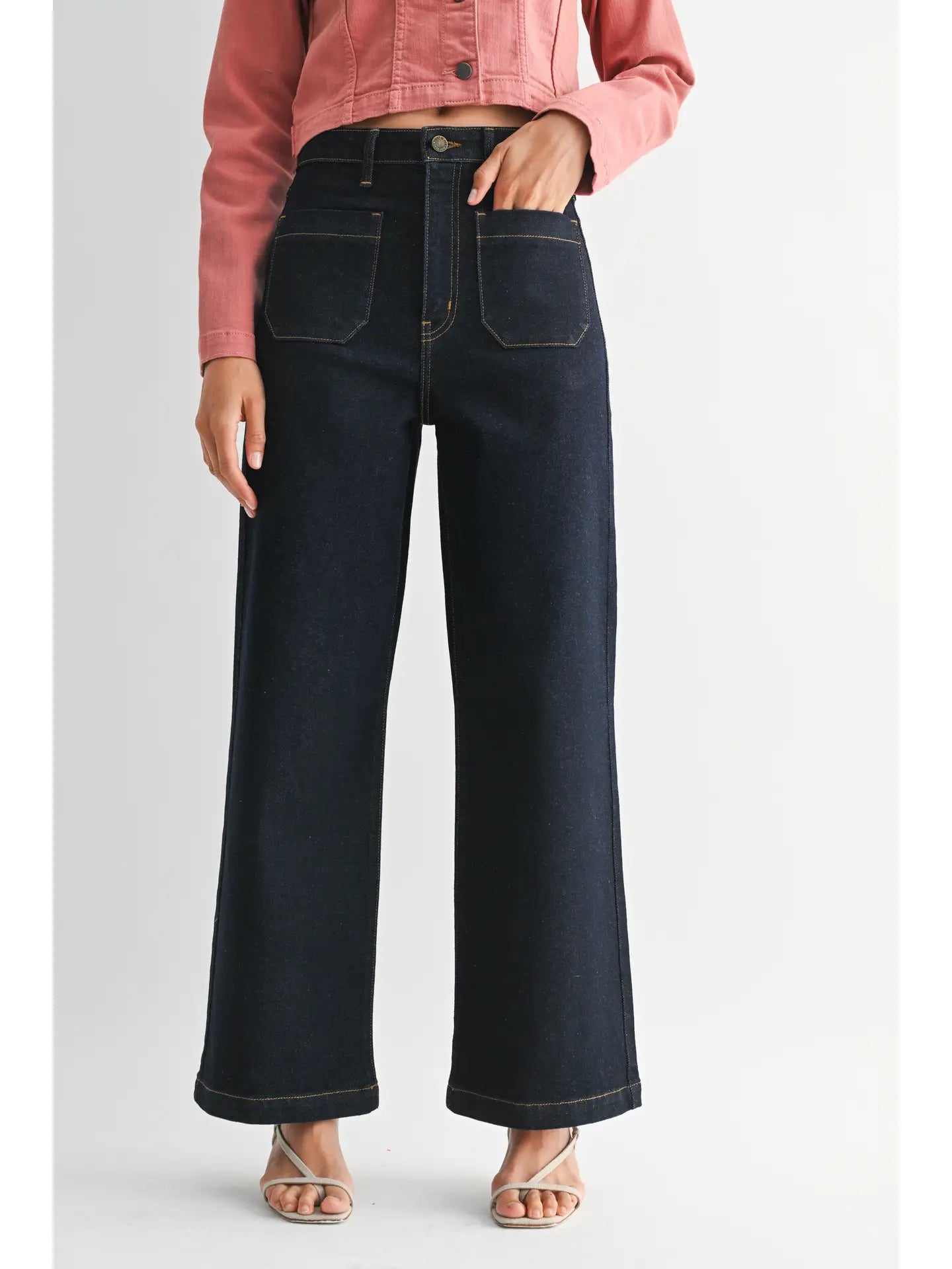 Patch Pocket Wide Leg Denim - Super Dark Wash