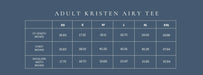 A size chart table for the Adult Kristen Airy Tee, showing measurements for XS, S, M, L, XL, and XXL sizes on a dark blue-gray background.