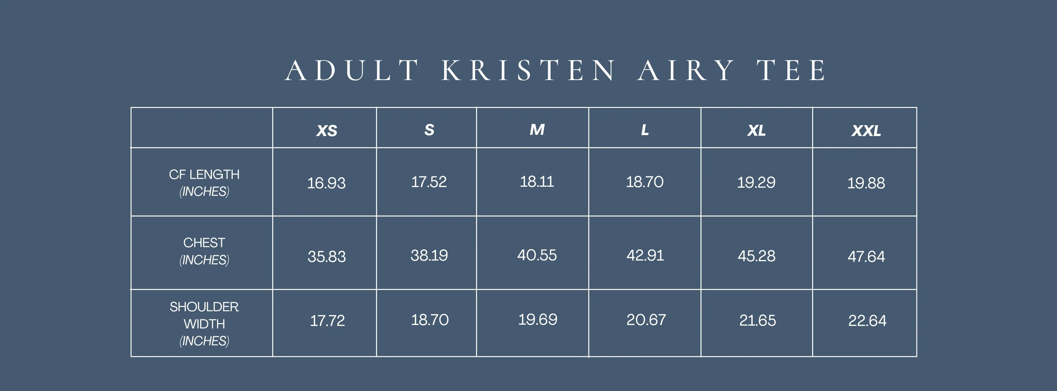 A size chart table for the Adult Kristen Airy Tee, showing measurements for XS, S, M, L, XL, and XXL sizes on a dark blue-gray background.