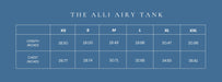 A size chart graphic for 'The Alli Airy Tank' dress, showing measurements in inches for sizes XS through XXL, with a blue background and white text.