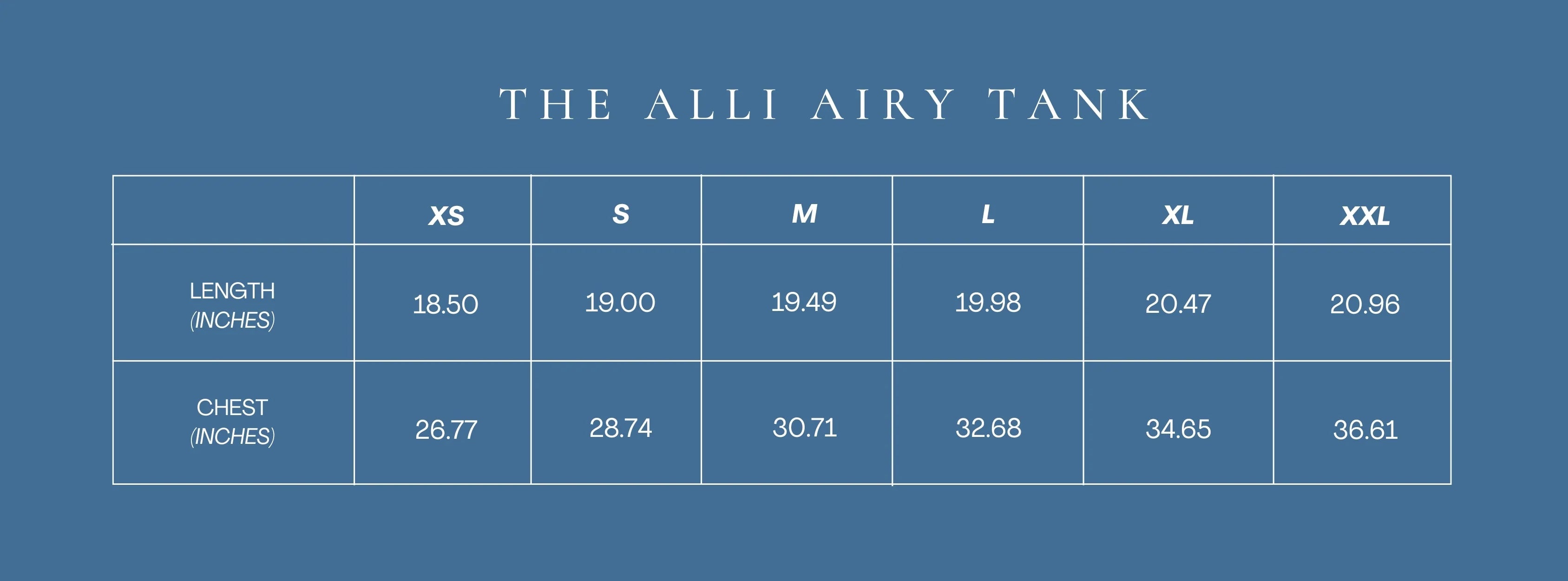 A size chart graphic for 'The Alli Airy Tank' dress, showing measurements in inches for sizes XS through XXL, with a blue background and white text.