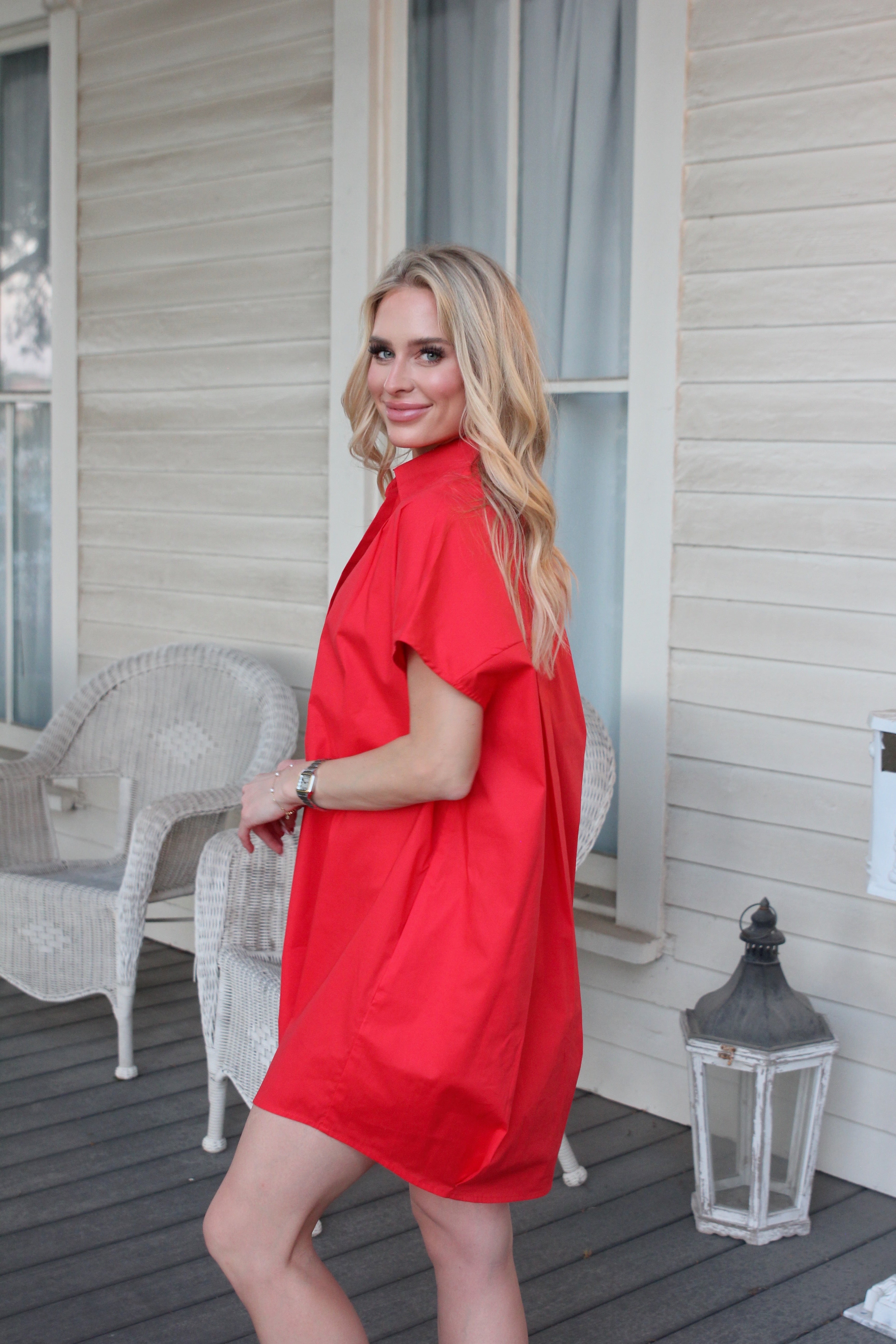 Solid Poplin V Neck Collar Signature Dress