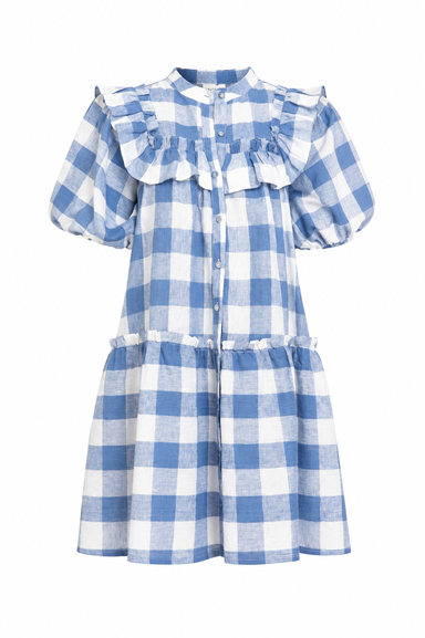 SHORT SLEEVE RUFFLE PETER PAN COLLAR MINI DRESS, BUTTONS GOING DOWN THE FRONT, BLUE WHITE BUFFALO CHECK PRINT ON WHITE BACKGROUND