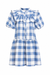 SHORT SLEEVE RUFFLE PETER PAN COLLAR MINI DRESS, BUTTONS GOING DOWN THE FRONT, BLUE WHITE BUFFALO CHECK PRINT ON WHITE BACKGROUND