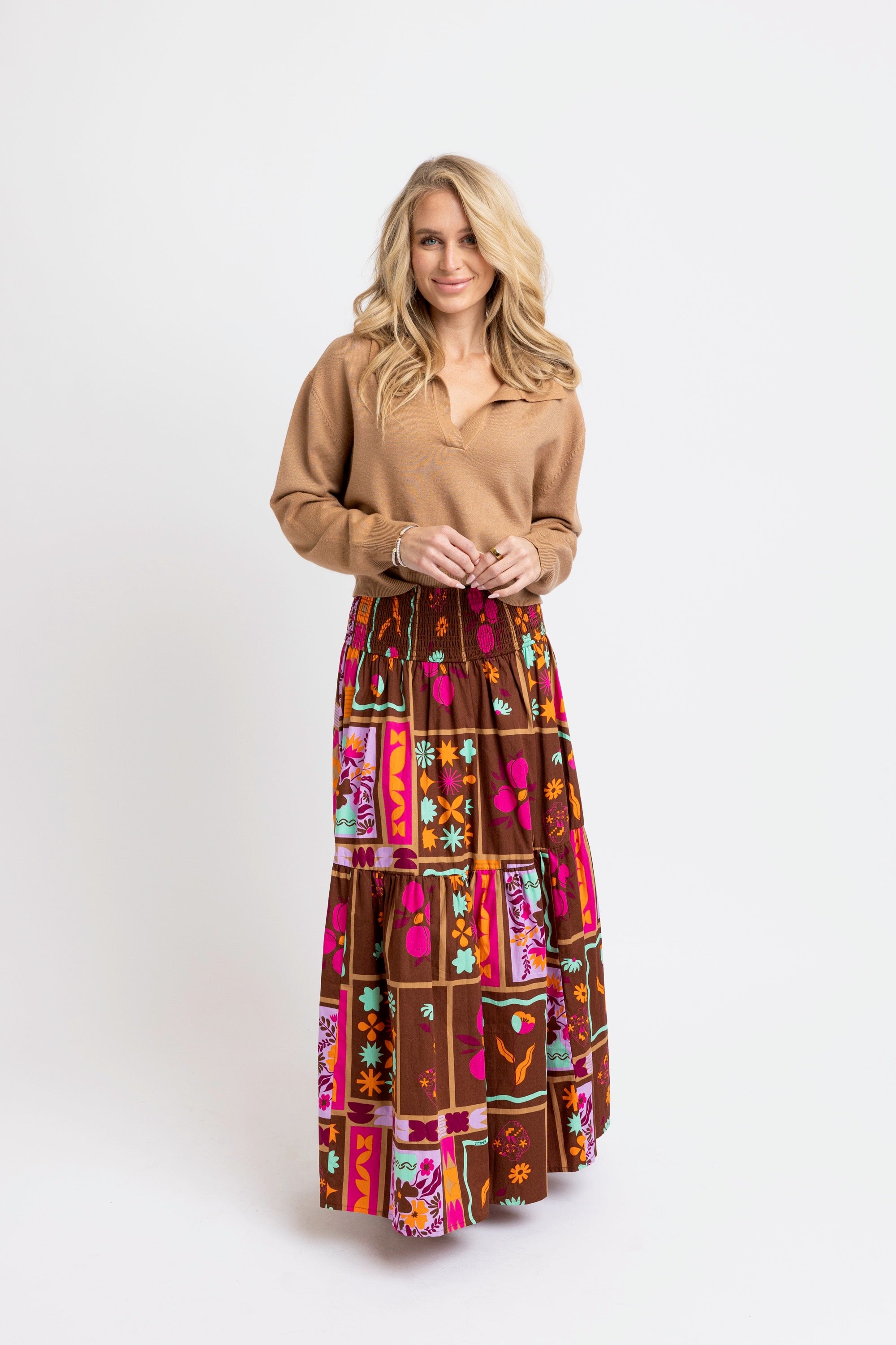 Floral Frame Tier Smock Skirt - Brown