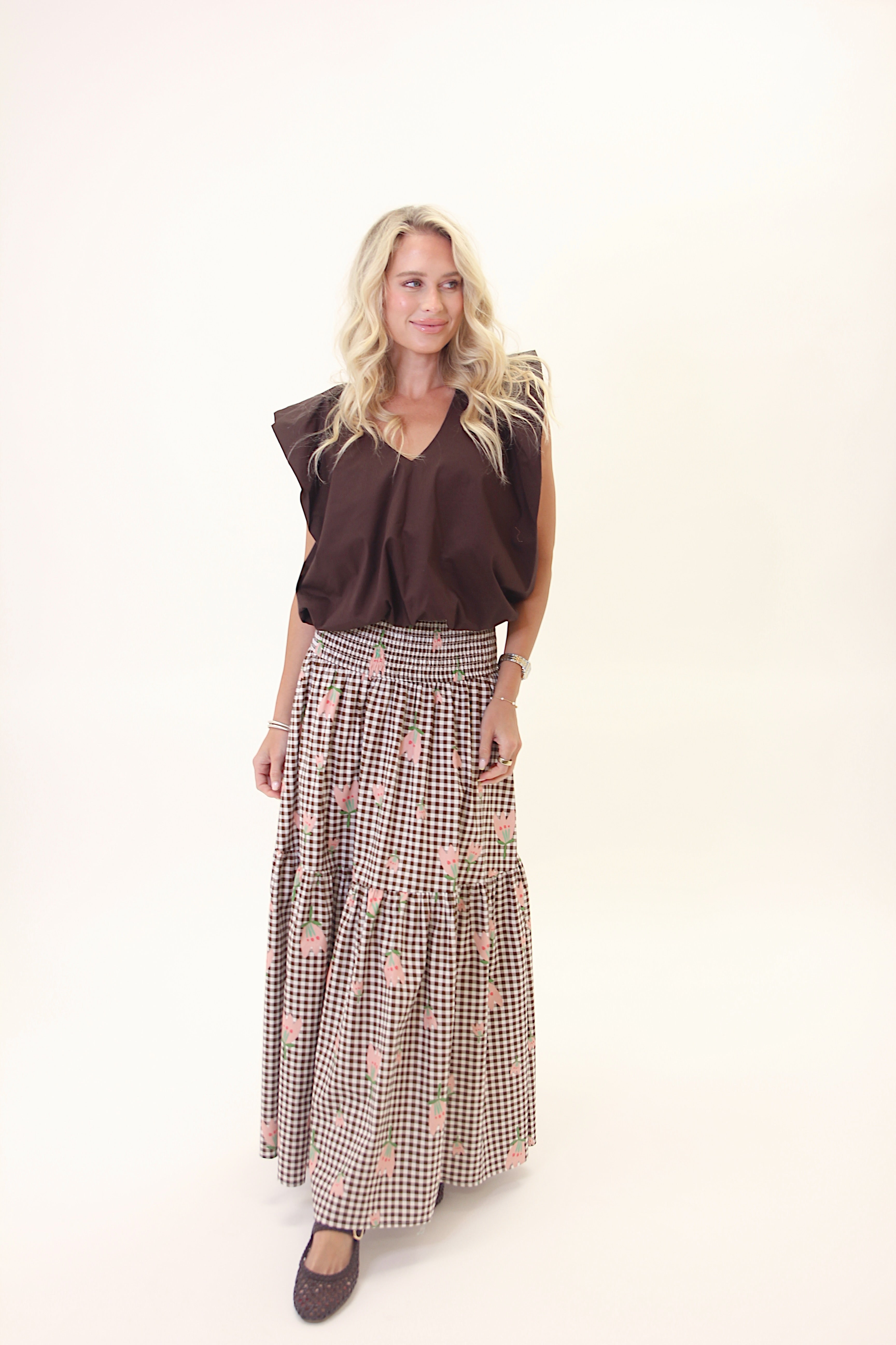 Check Poppy Smock Tier Maxi Skirt - Brown