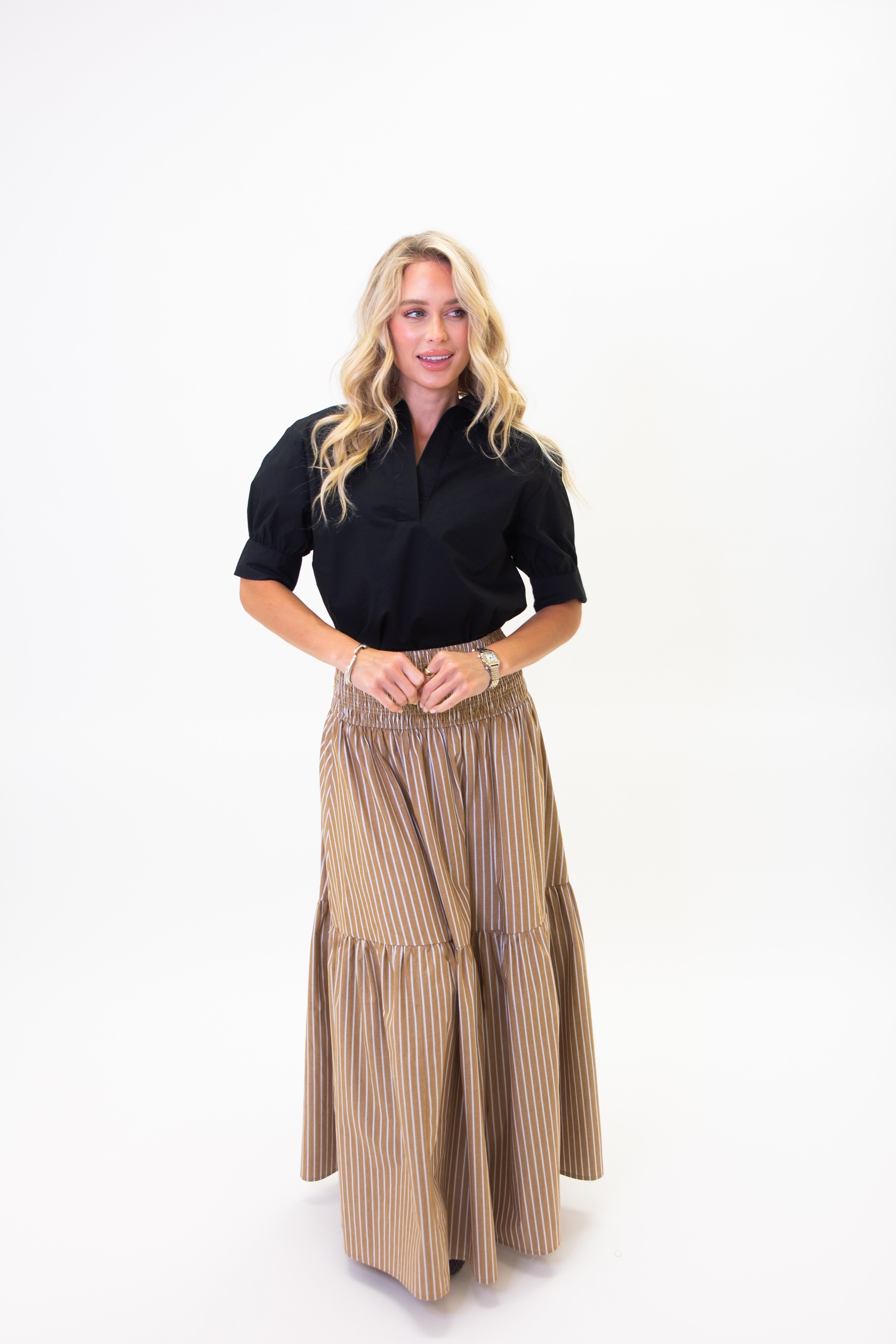 Menswear Stripe Smock Maxi Skirt - Tan