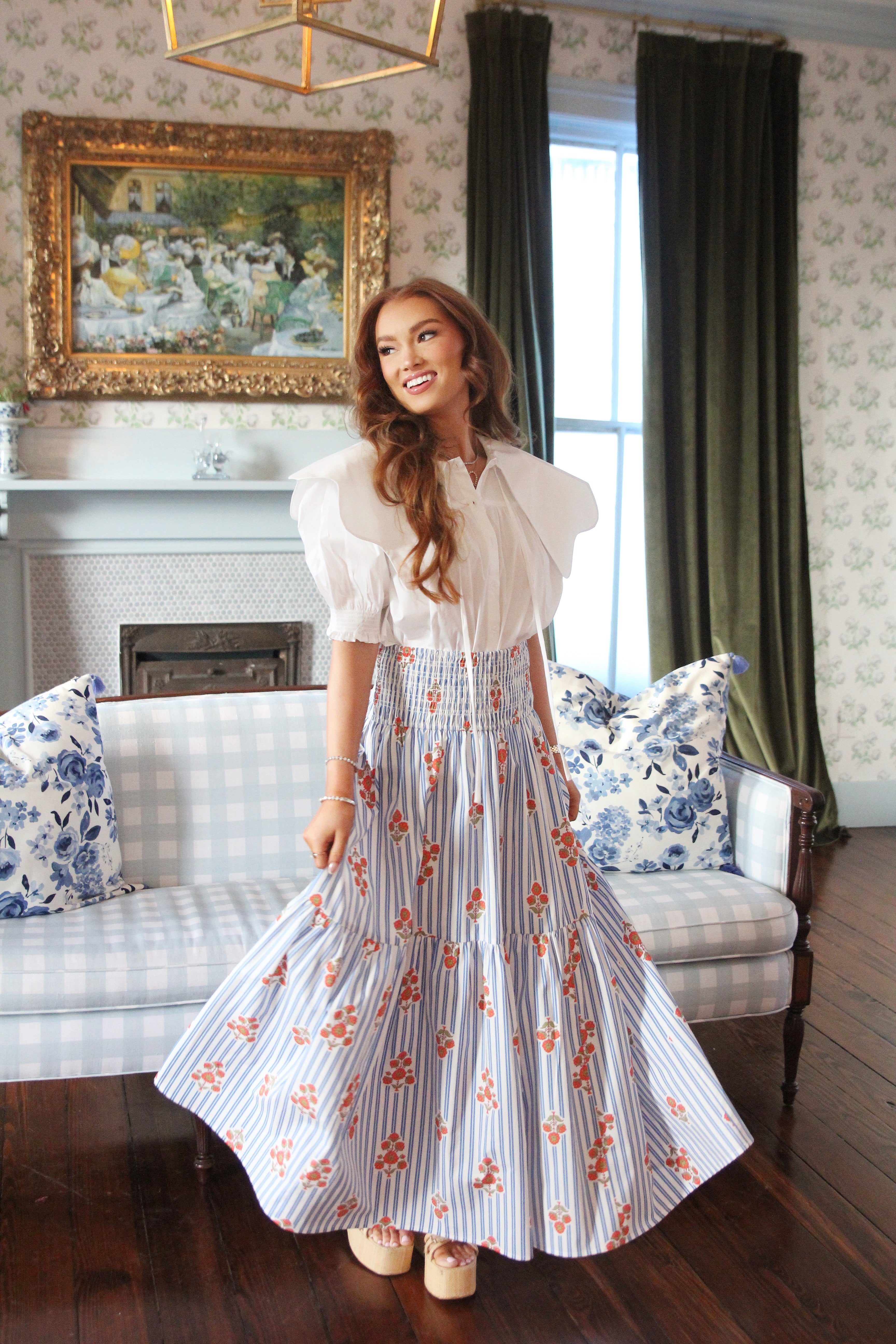 Stripe Floral Smock Tier Maxi Skirt - Blue